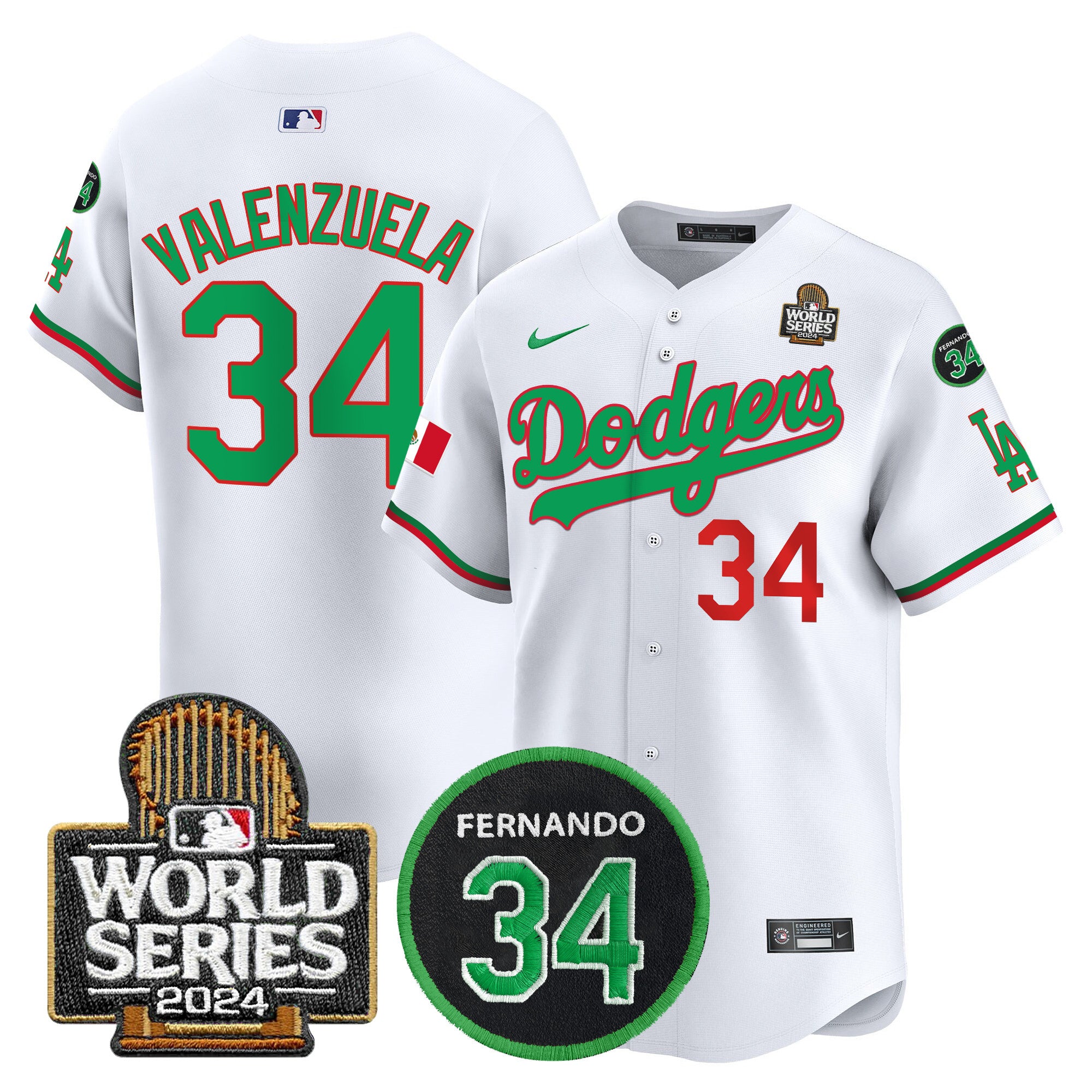 Men's Dodgers Mexico Fernando Memorial & 2024 World Series Patch Vapor Premier Limited Jersey V3 - All Stitched - Mexico White, Fernando Valenzuela