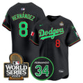 Men's Dodgers Mexico Fernando Memorial & 2024 World Series Patch Vapor Premier Limited Jersey V3 - All Stitched - Black Mexico, Kike Hernandez