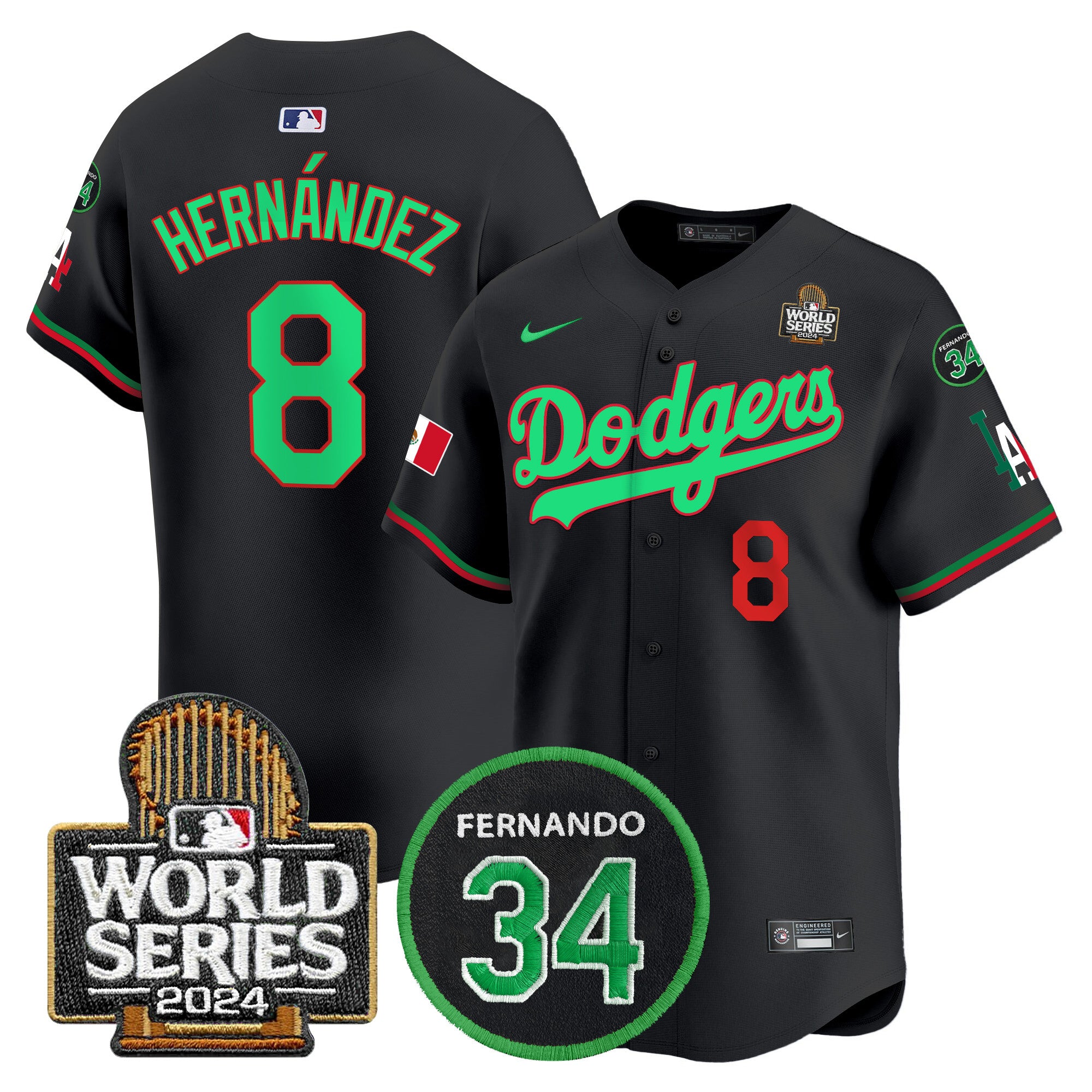 Men's Dodgers Mexico Fernando Memorial & 2024 World Series Patch Vapor Premier Limited Jersey V3 - All Stitched - Black Mexico, Kike Hernandez