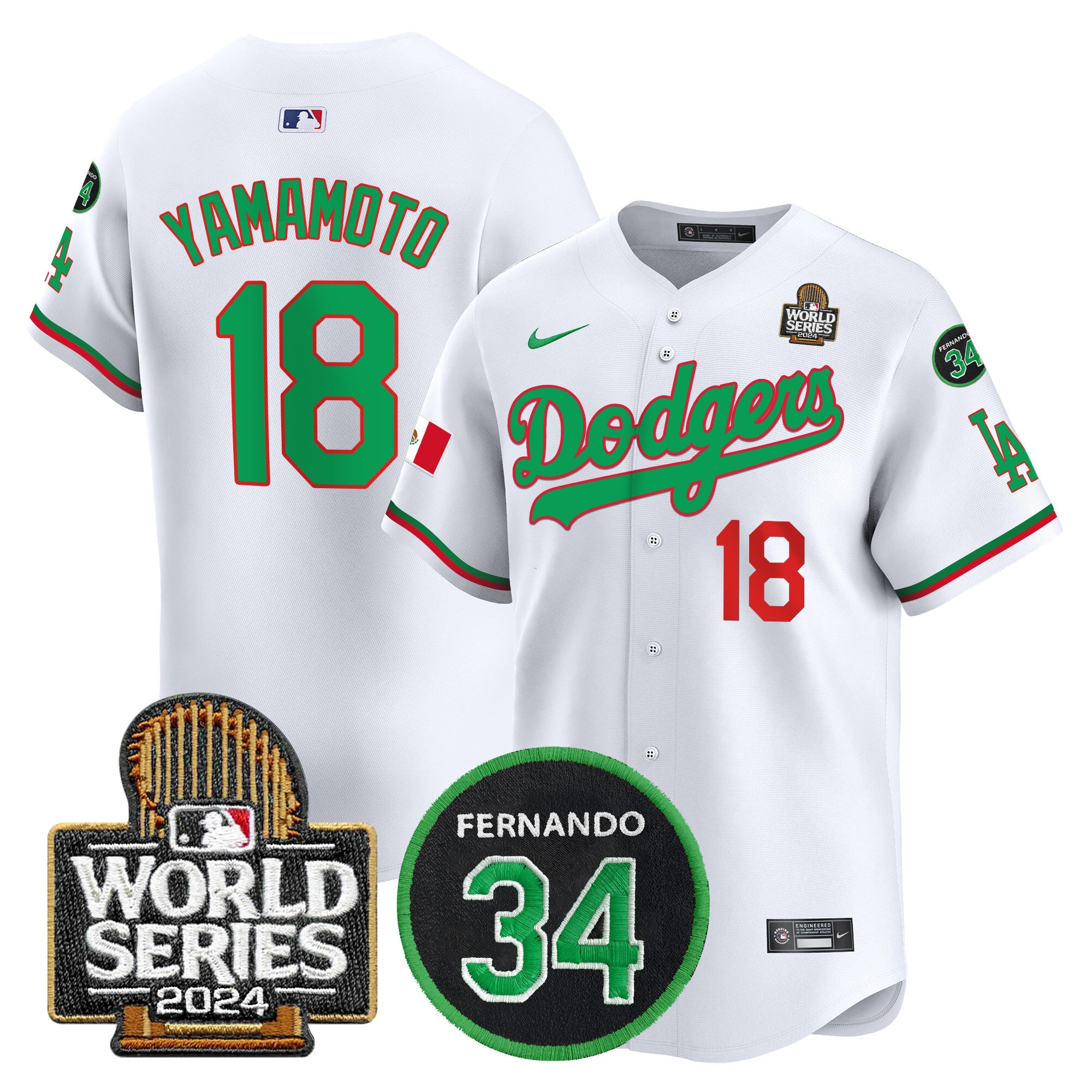 Men's Dodgers Mexico Fernando Memorial & 2024 World Series Patch Vapor Premier Limited Jersey V3 - All Stitched - Mexico White, Yamamoto