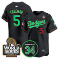 Men's Dodgers Mexico Fernando Memorial & 2024 World Series Patch Vapor Premier Limited Jersey V3 - All Stitched - Black Mexico, Freddie Freeman