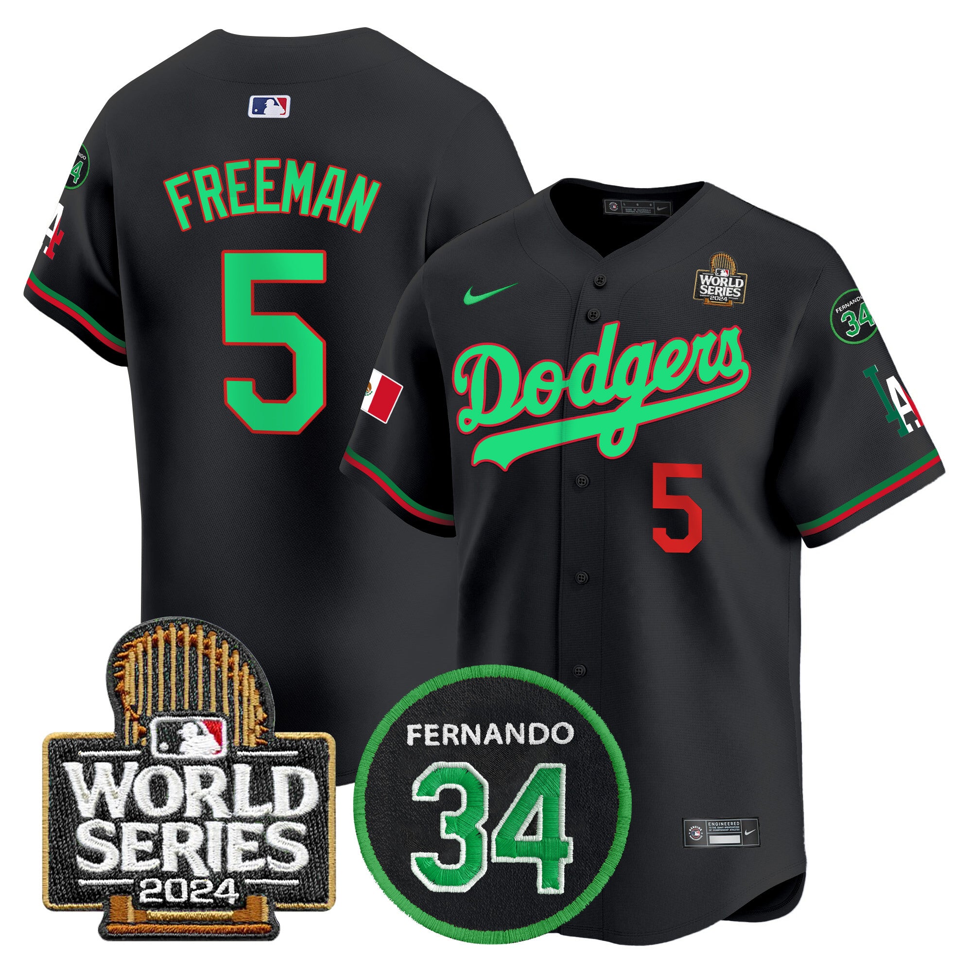 Men's Dodgers Mexico Fernando Memorial & 2024 World Series Patch Vapor Premier Limited Jersey V3 - All Stitched - Black Mexico, Freddie Freeman