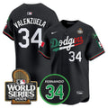 Men's Dodgers Mexico Fernando Memorial & 2024 World Series Patch Vapor Premier Limited Jersey V3 - All Stitched - Black Mexico Flag, Fernando Valenzuela