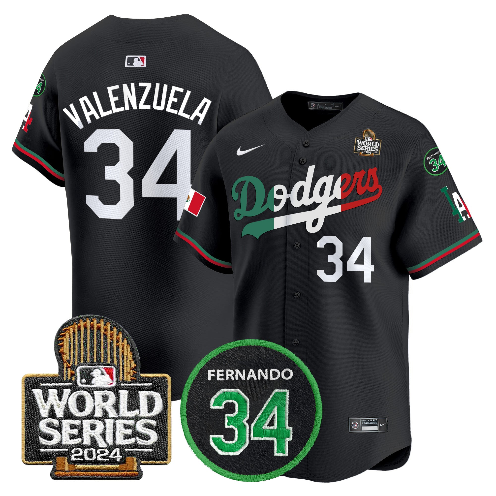 Men's Dodgers Mexico Fernando Memorial & 2024 World Series Patch Vapor Premier Limited Jersey V3 - All Stitched - Black Mexico Flag, Fernando Valenzuela