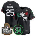 Men's Dodgers Mexico Fernando Memorial & 2024 World Series Patch Vapor Premier Limited Jersey V3 - All Stitched - Black Mexico Flag, Tommy Edman