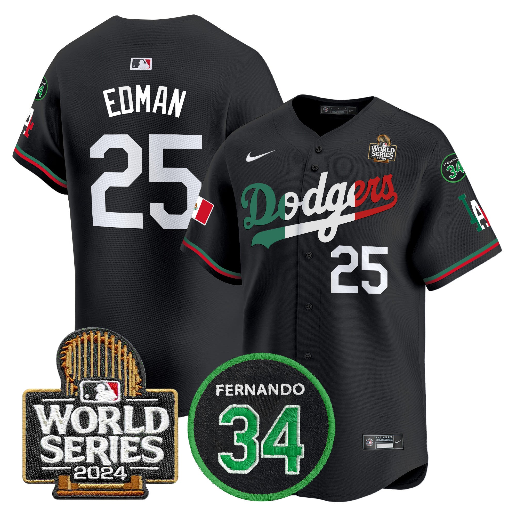 Men's Dodgers Mexico Fernando Memorial & 2024 World Series Patch Vapor Premier Limited Jersey V3 - All Stitched - Black Mexico Flag, Tommy Edman