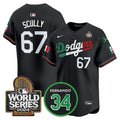 Men's Dodgers Mexico Fernando Memorial & 2024 World Series Patch Vapor Premier Limited Jersey V3 - All Stitched - Black Mexico Flag, Vin Scully