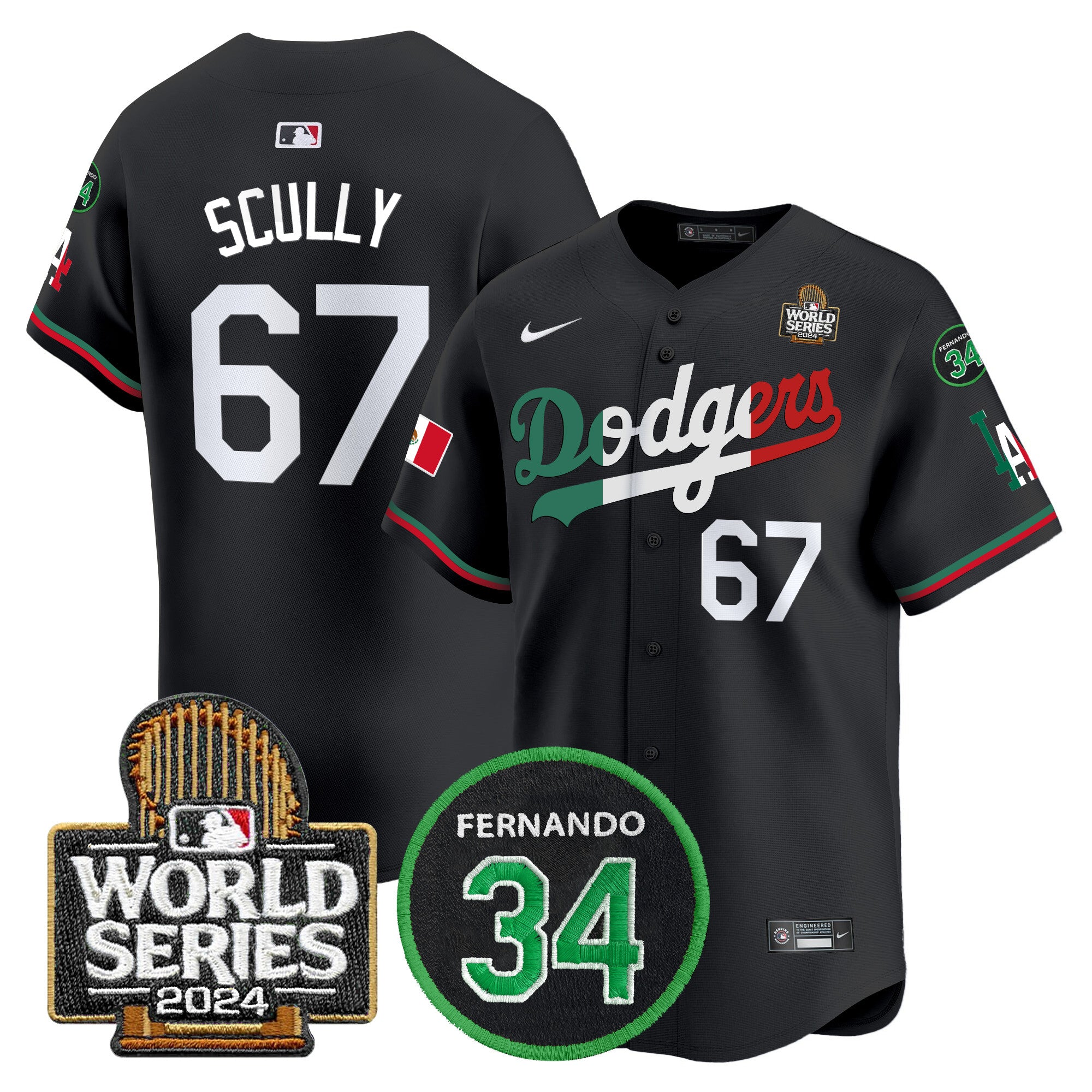 Men's Dodgers Mexico Fernando Memorial & 2024 World Series Patch Vapor Premier Limited Jersey V3 - All Stitched - Black Mexico Flag, Vin Scully