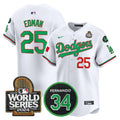 Men's Dodgers Mexico Fernando Memorial & 2024 World Series Patch Vapor Premier Limited Jersey V3 - All Stitched - Mexico White, Tommy Edman