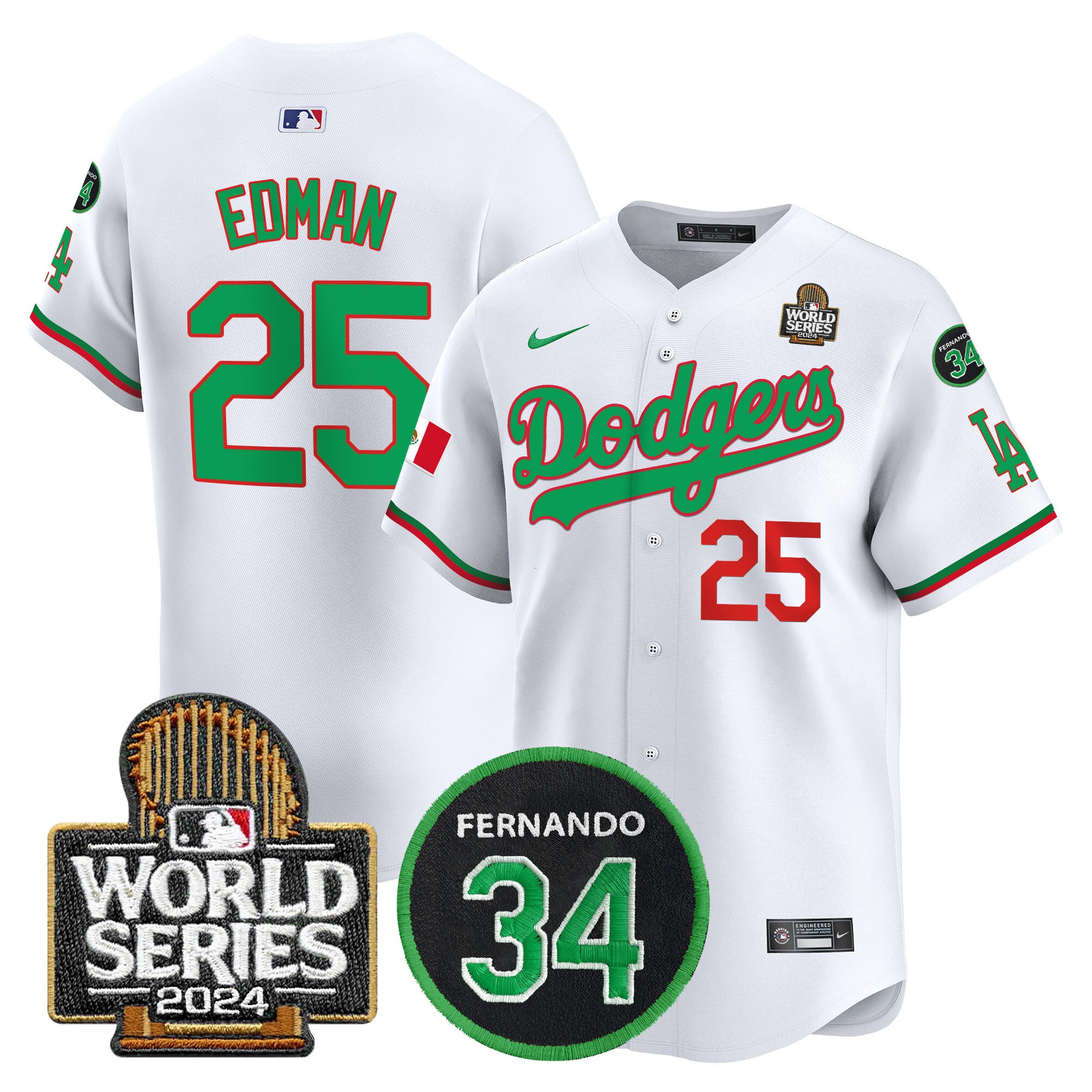 Men's Dodgers Mexico Fernando Memorial & 2024 World Series Patch Vapor Premier Limited Jersey V3 - All Stitched - Mexico White, Tommy Edman
