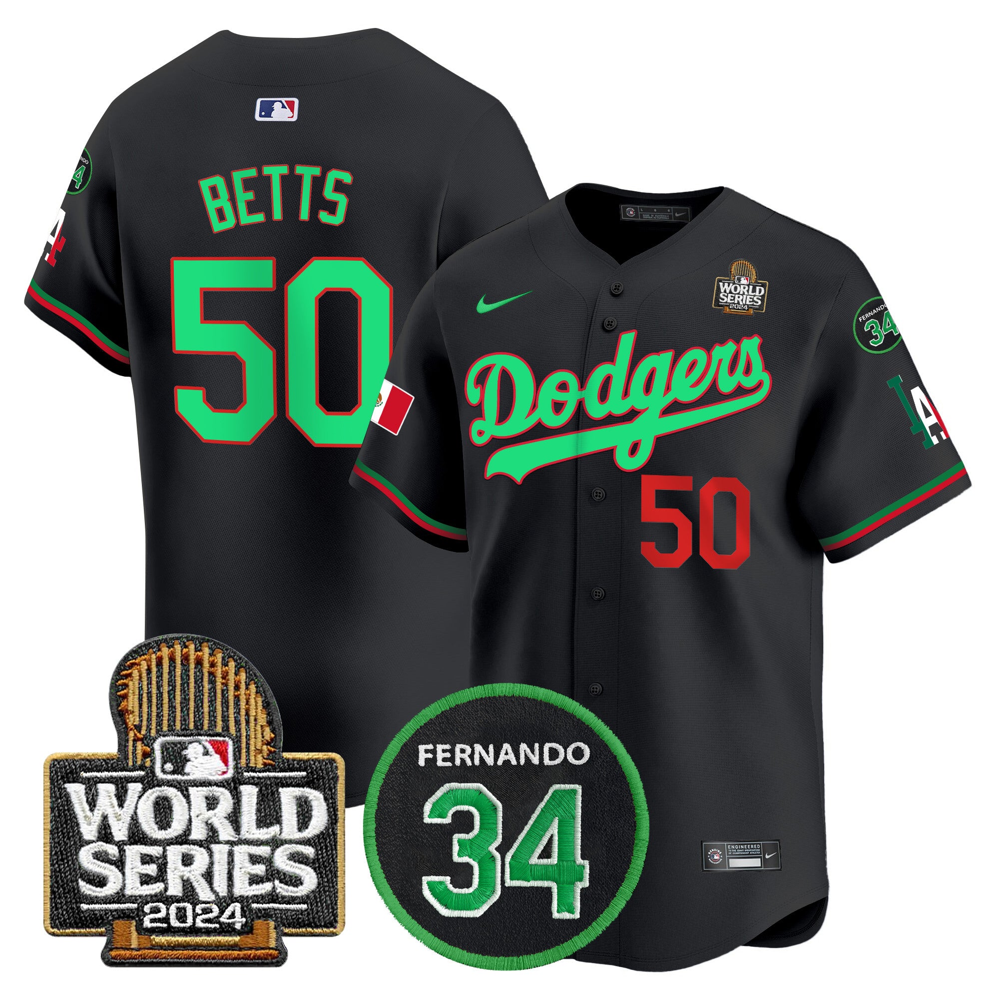 Men's Dodgers Mexico Fernando Memorial & 2024 World Series Patch Vapor Premier Limited Jersey V3 - All Stitched - Black Mexico, Mookie Betts