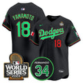 Men's Dodgers Mexico Fernando Memorial & 2024 World Series Patch Vapor Premier Limited Jersey V3 - All Stitched - Black Mexico, Yamamoto