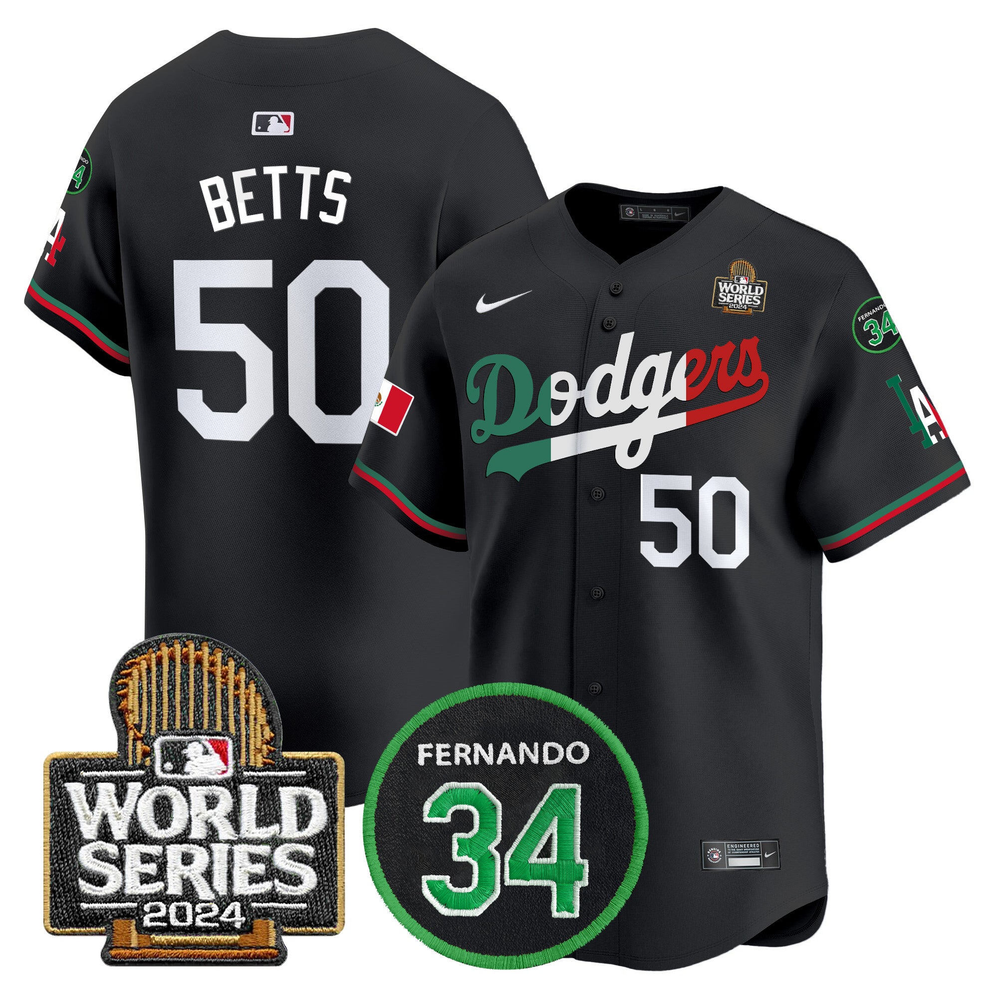 Men's Dodgers Mexico Fernando Memorial & 2024 World Series Patch Vapor Premier Limited Jersey V3 - All Stitched - Black Mexico Flag, Mookie Betts