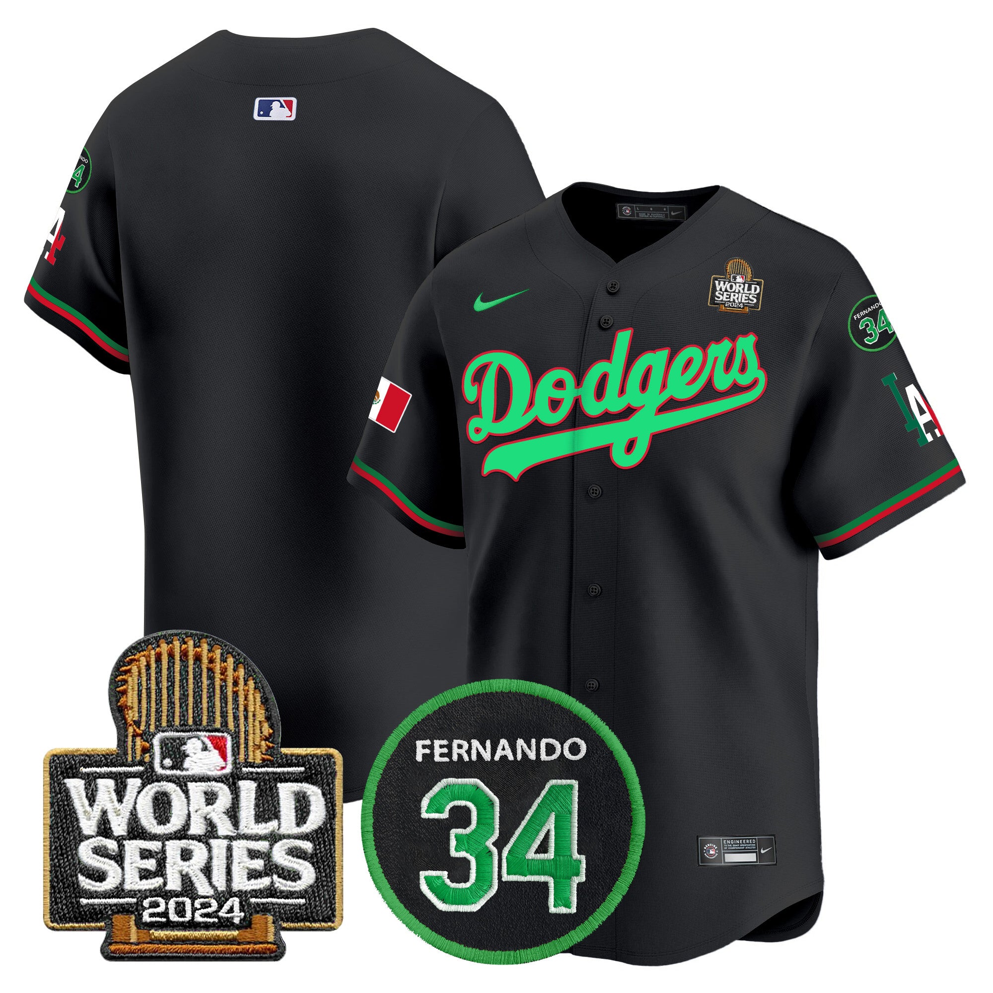 Men's Dodgers Mexico Fernando Memorial & 2024 World Series Patch Vapor Premier Limited Jersey V3 - All Stitched - Black Mexico, Team