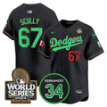 Men's Dodgers Mexico Fernando Memorial & 2024 World Series Patch Vapor Premier Limited Jersey V3 - All Stitched - Black Mexico, Vin Scully