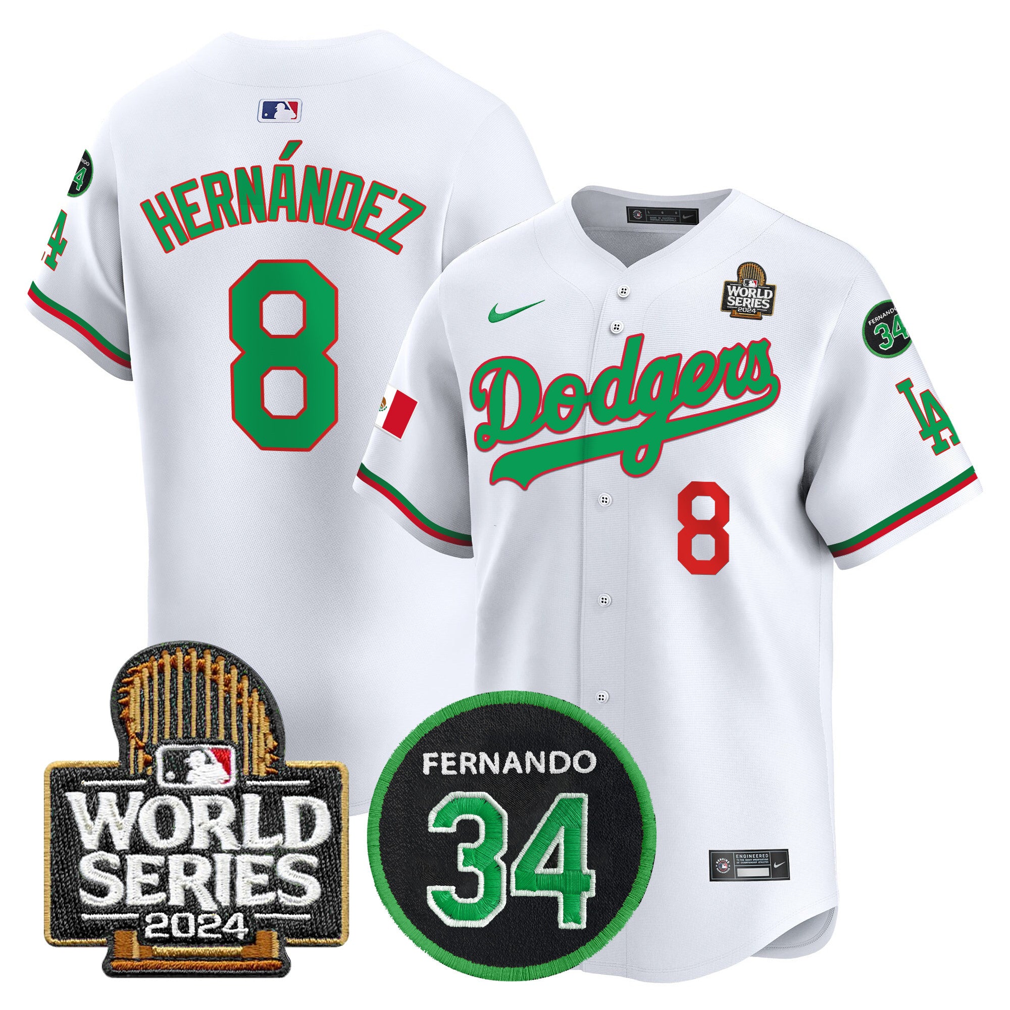 Men's Dodgers Mexico Fernando Memorial & 2024 World Series Patch Vapor Premier Limited Jersey V3 - All Stitched - Mexico White, Kike Hernandez