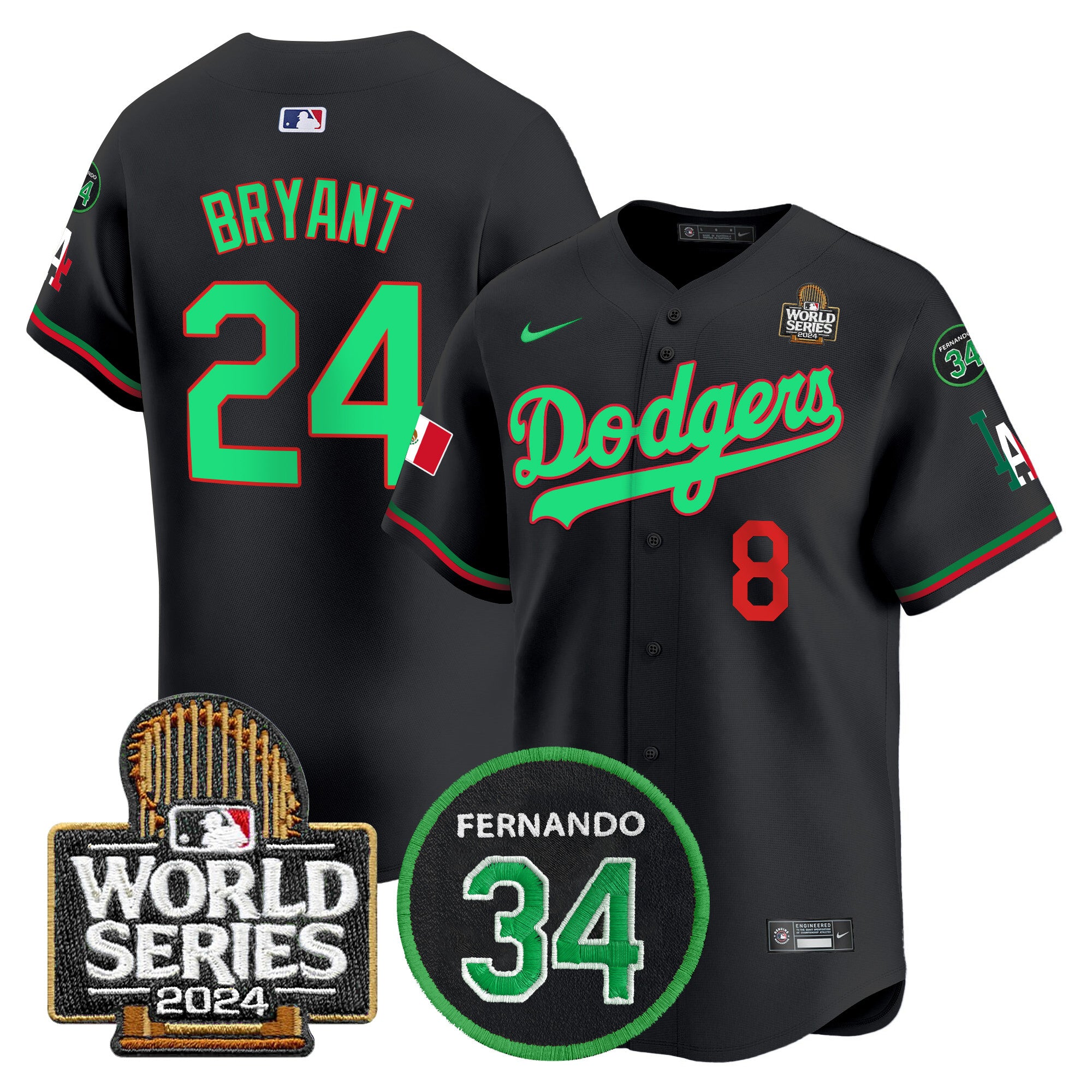Men's Dodgers Mexico Fernando Memorial & 2024 World Series Patch Vapor Premier Limited Jersey V3 - All Stitched - Black Mexico, Kobe Bryant