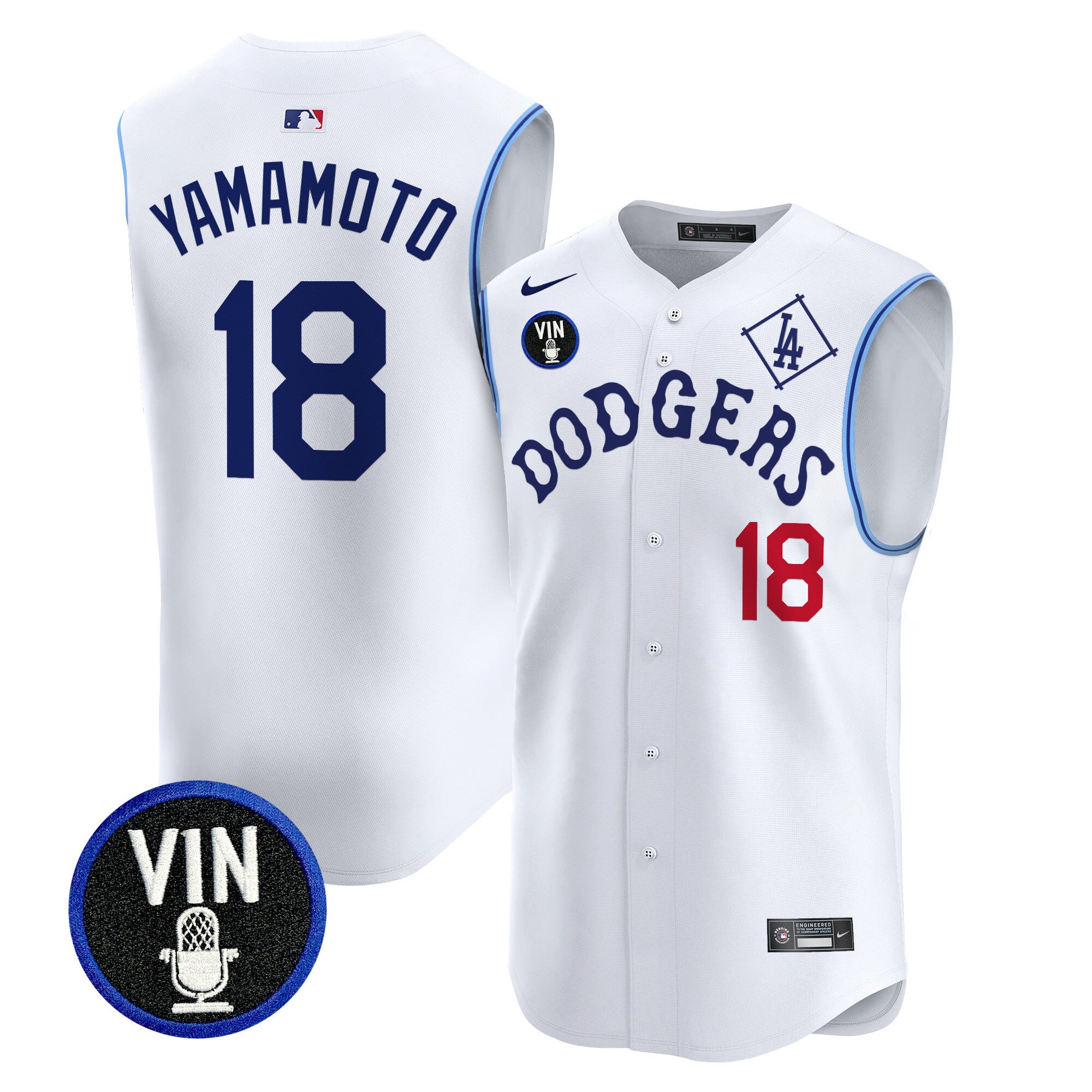 Men's Dodgers Tribute Vin Scully Patch Vapor Premier Sleeveless Jersey - All Stitched - White, Yamamoto