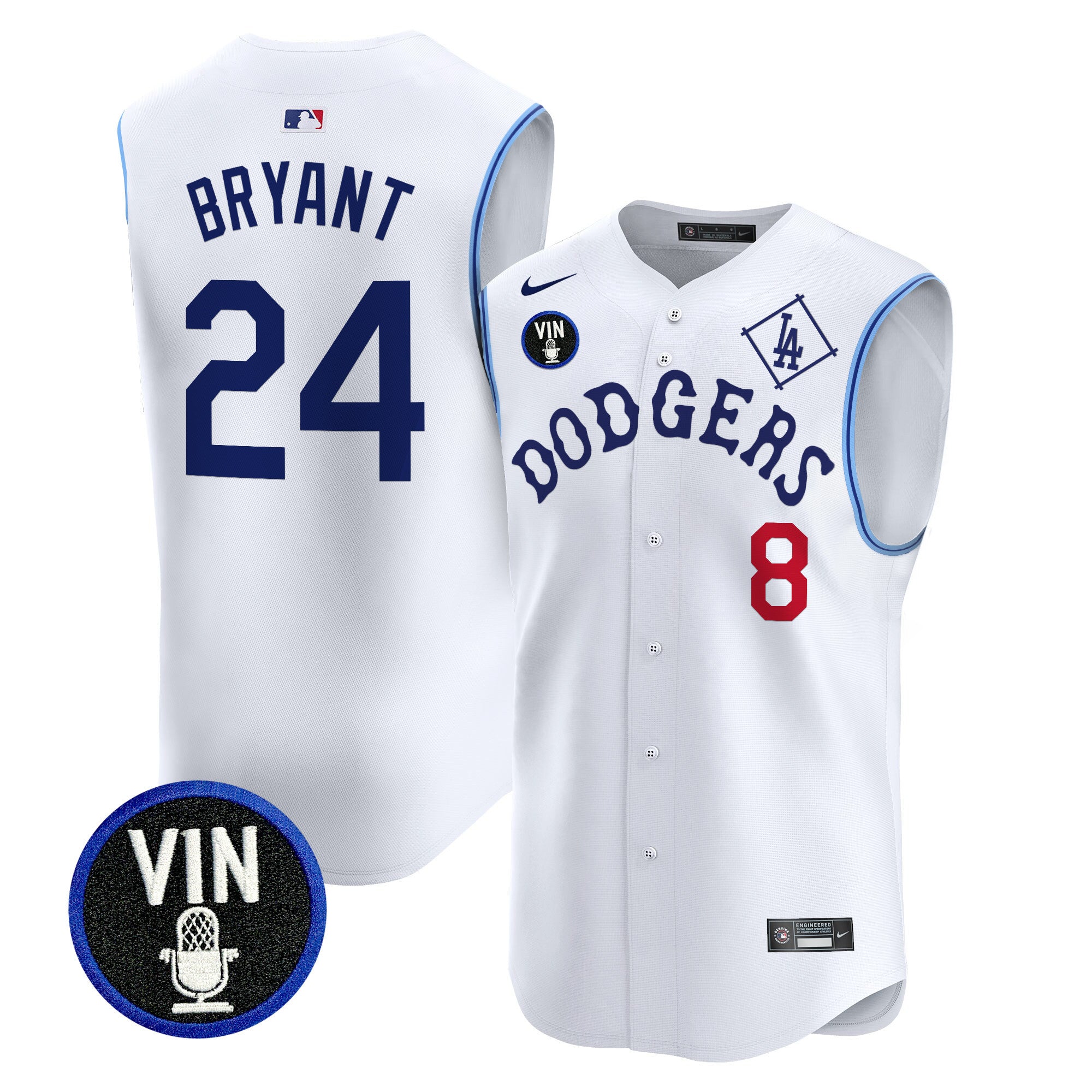 Men's Dodgers Tribute Vin Scully Patch Vapor Premier Sleeveless Jersey - All Stitched - White, Kobe Bryant