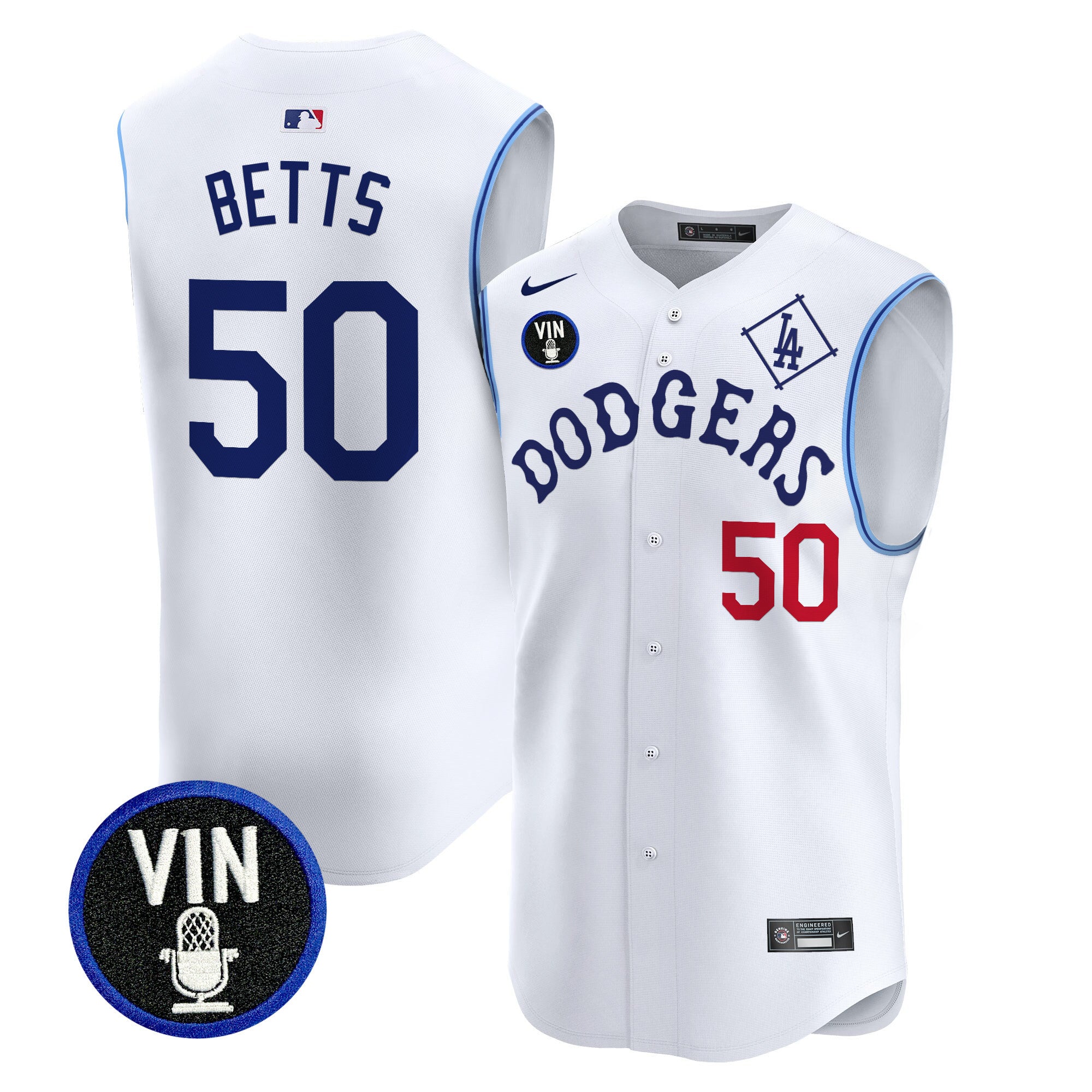 Men's Dodgers Tribute Vin Scully Patch Vapor Premier Sleeveless Jersey - All Stitched - White, Mookie Betts