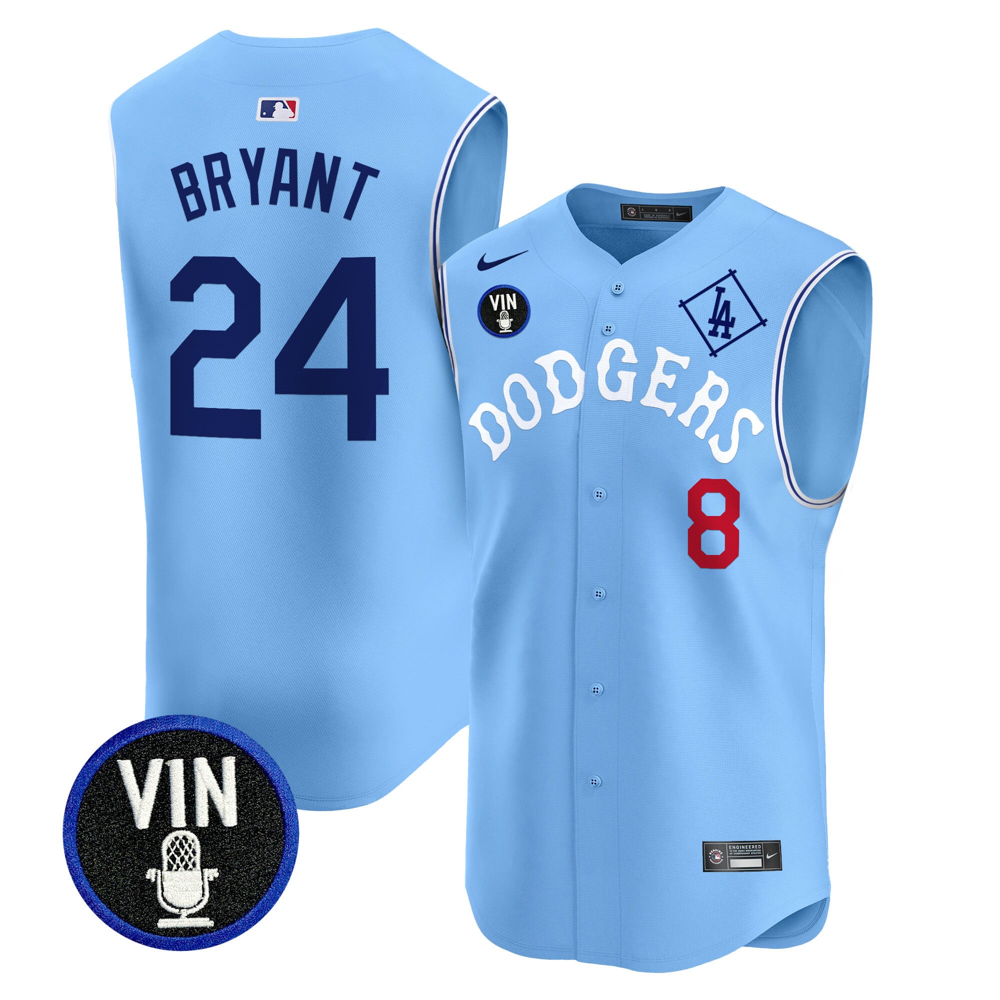 Men's Dodgers Tribute Vin Scully Patch Vapor Premier Sleeveless Jersey - All Stitched - Blue, Kobe Bryant