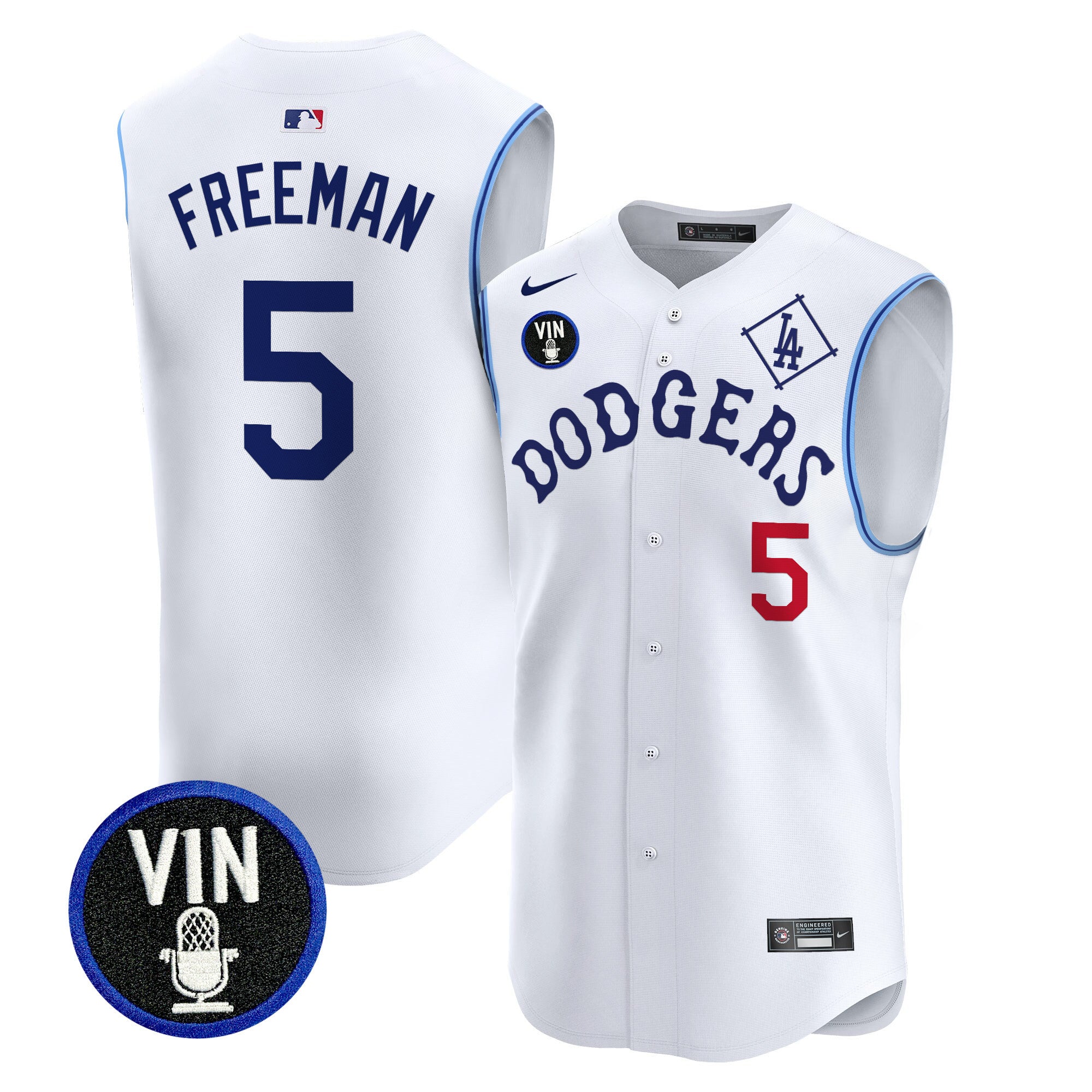Men's Dodgers Tribute Vin Scully Patch Vapor Premier Sleeveless Jersey - All Stitched - White, Freddie Freeman