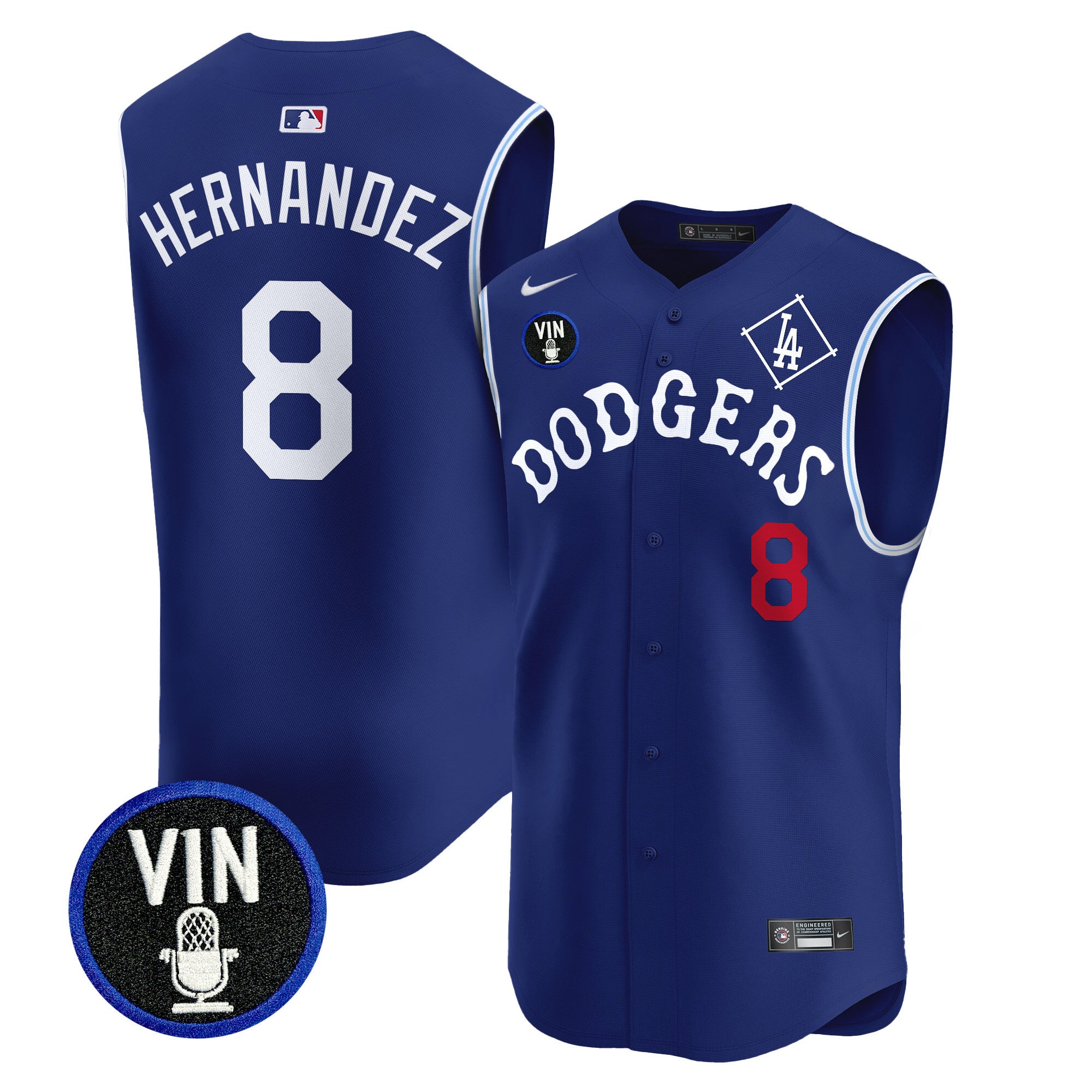 Men's Dodgers Tribute Vin Scully Patch Vapor Premier Sleeveless Jersey - All Stitched - Royal, Kike Hernandez