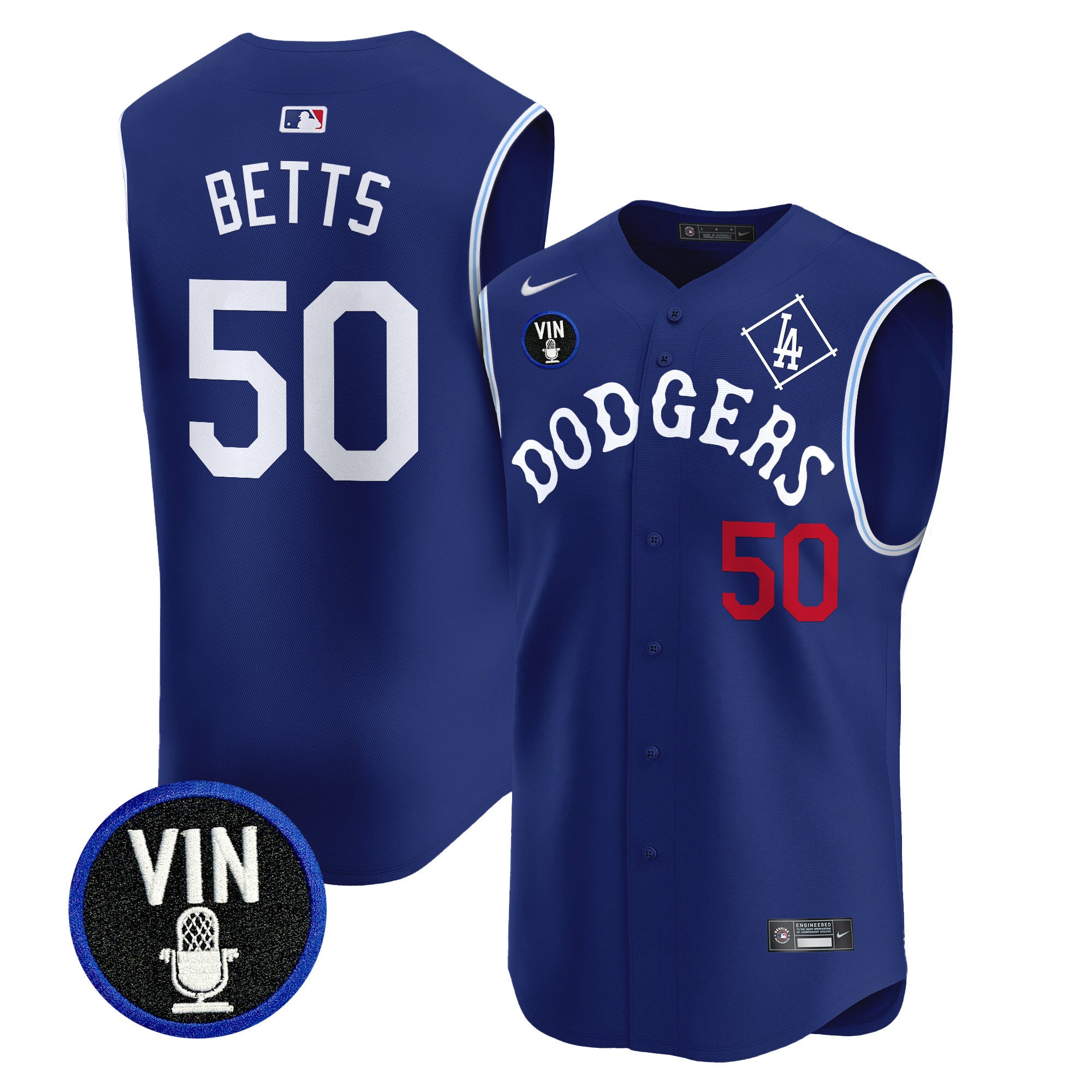 Men's Dodgers Tribute Vin Scully Patch Vapor Premier Sleeveless Jersey - All Stitched - Royal, Mookie Betts