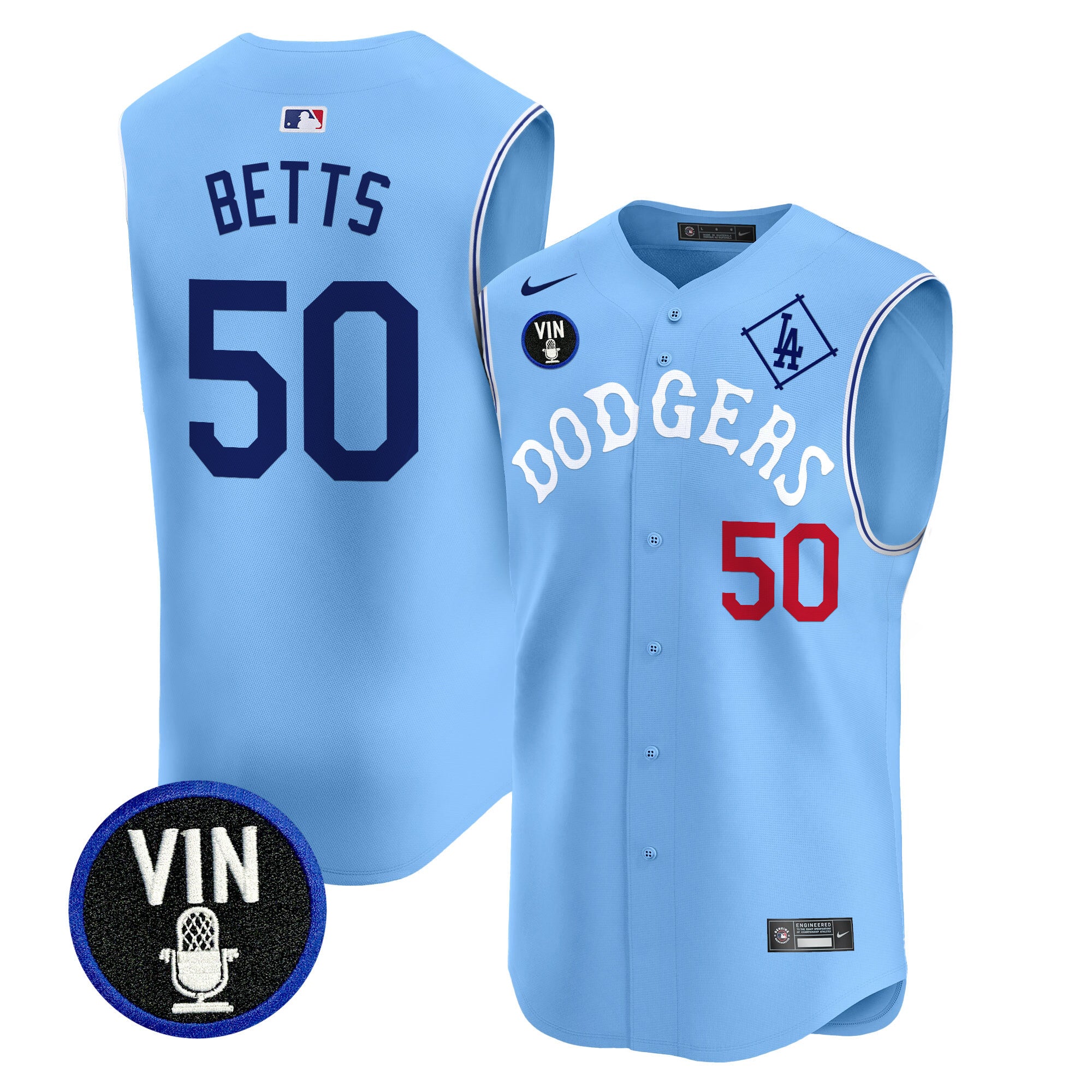 Men's Dodgers Tribute Vin Scully Patch Vapor Premier Sleeveless Jersey - All Stitched - Blue, Mookie Betts