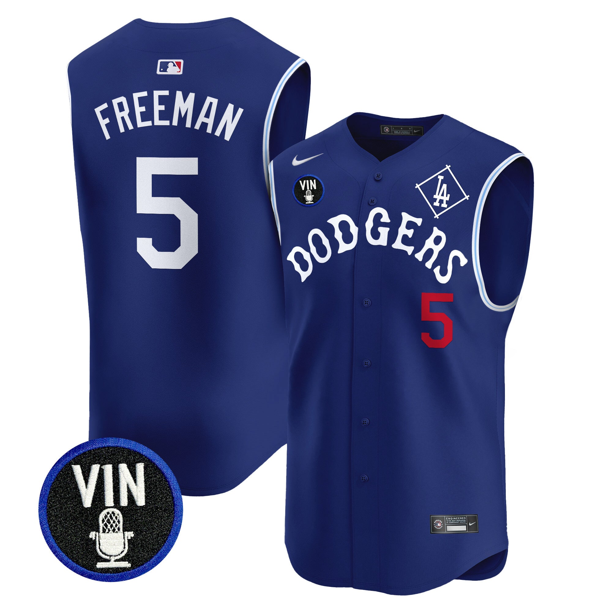 Men's Dodgers Tribute Vin Scully Patch Vapor Premier Sleeveless Jersey - All Stitched - Royal, Freddie Freeman