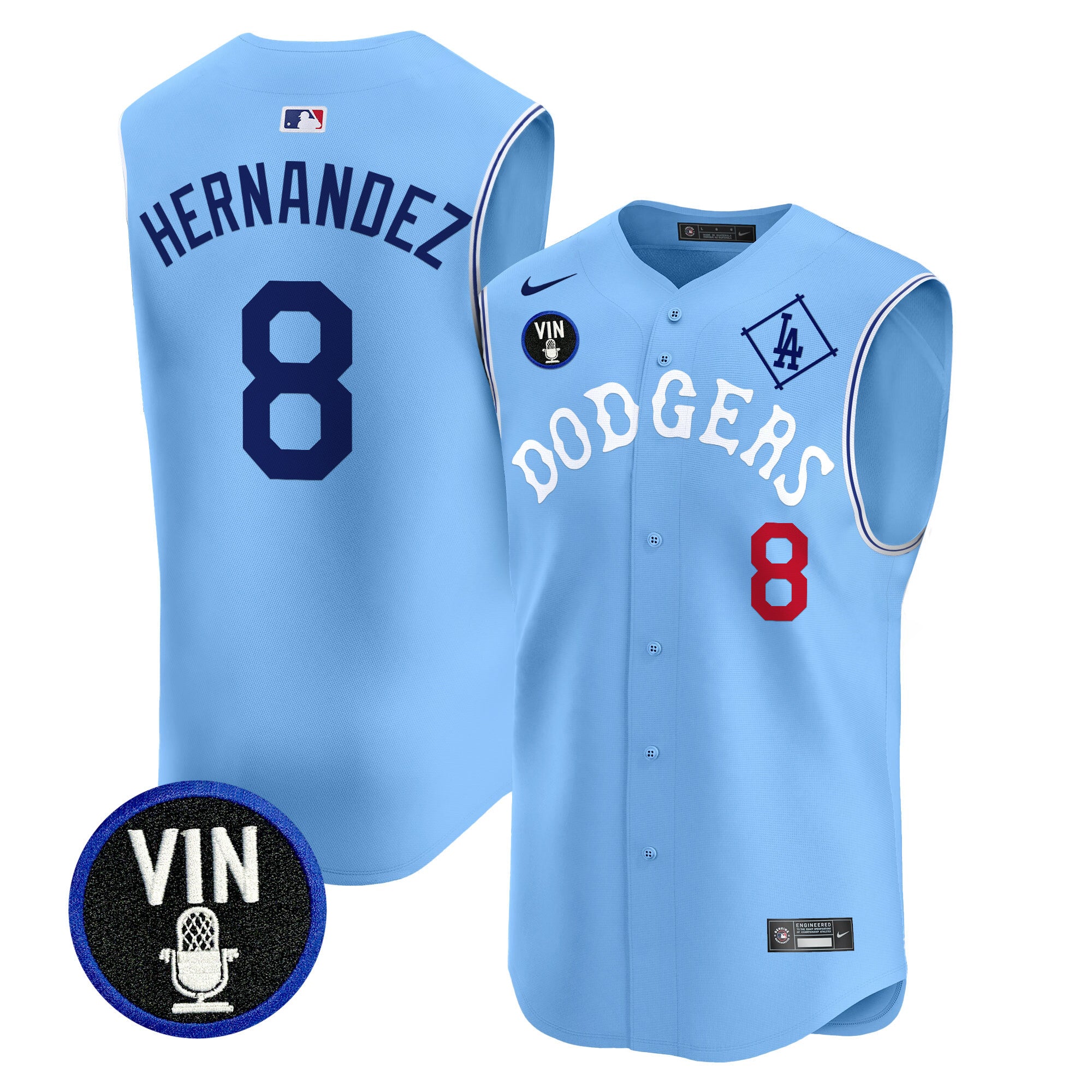 Men's Dodgers Tribute Vin Scully Patch Vapor Premier Sleeveless Jersey - All Stitched - Blue, Kike Hernandez