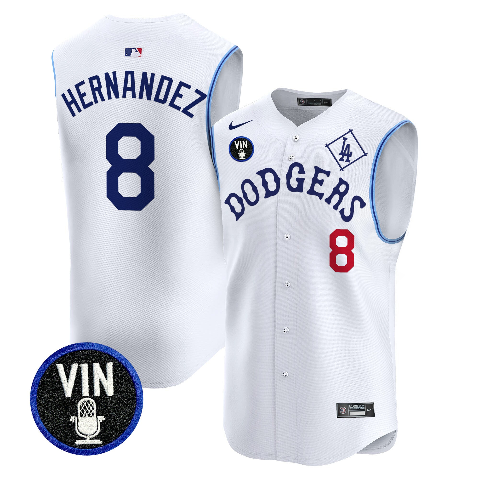 Men's Dodgers Tribute Vin Scully Patch Vapor Premier Sleeveless Jersey - All Stitched - White, Kike Hernandez