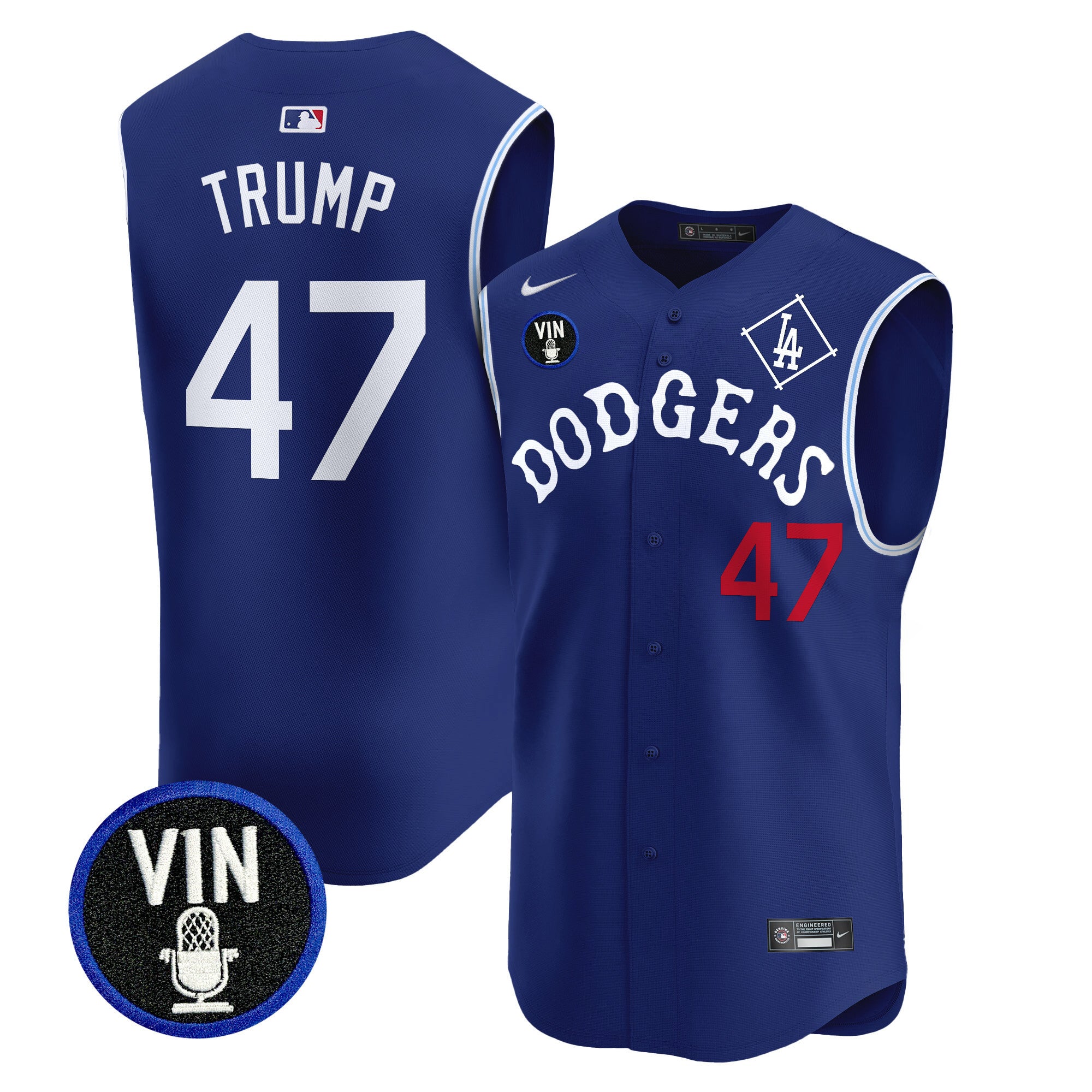 Men's Dodgers Tribute Vin Scully Patch Vapor Premier Sleeveless Jersey - All Stitched - Royal, Donald Trump