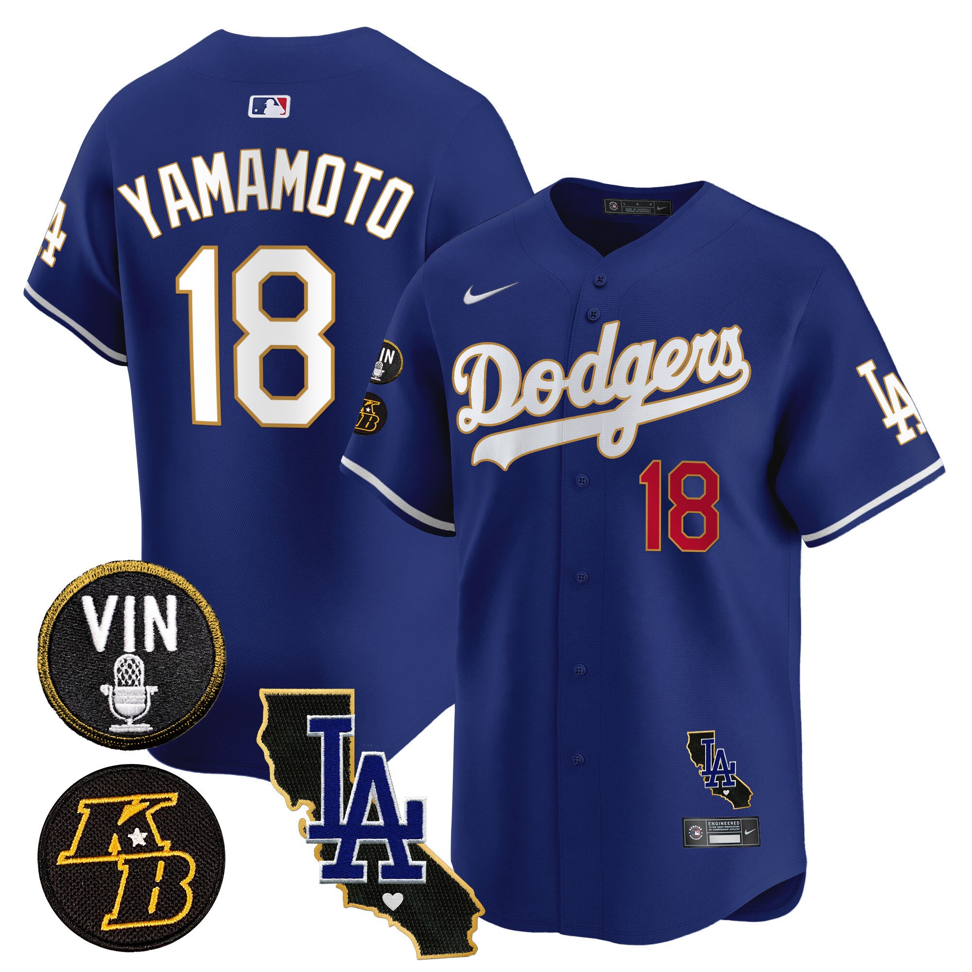 Men's Dodgers Vin & Kobe Patch Gold Trim Vapor Premier Limited Jersey V2 - All Stitched - Royal, Yamamoto