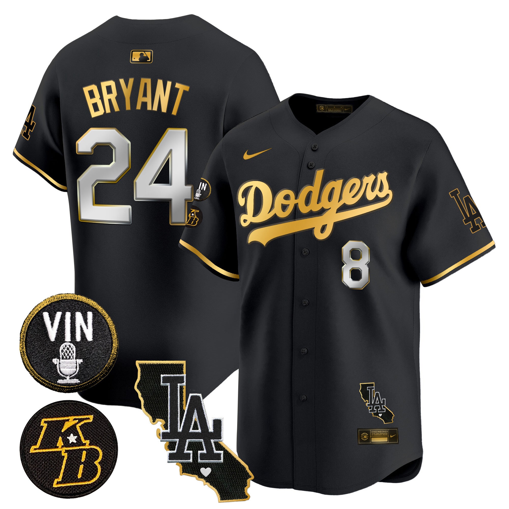 Men's Dodgers Vin & Kobe Patch Gold Trim Vapor Premier Limited Jersey V2 - All Stitched - Black Gold, Kobe Bryant