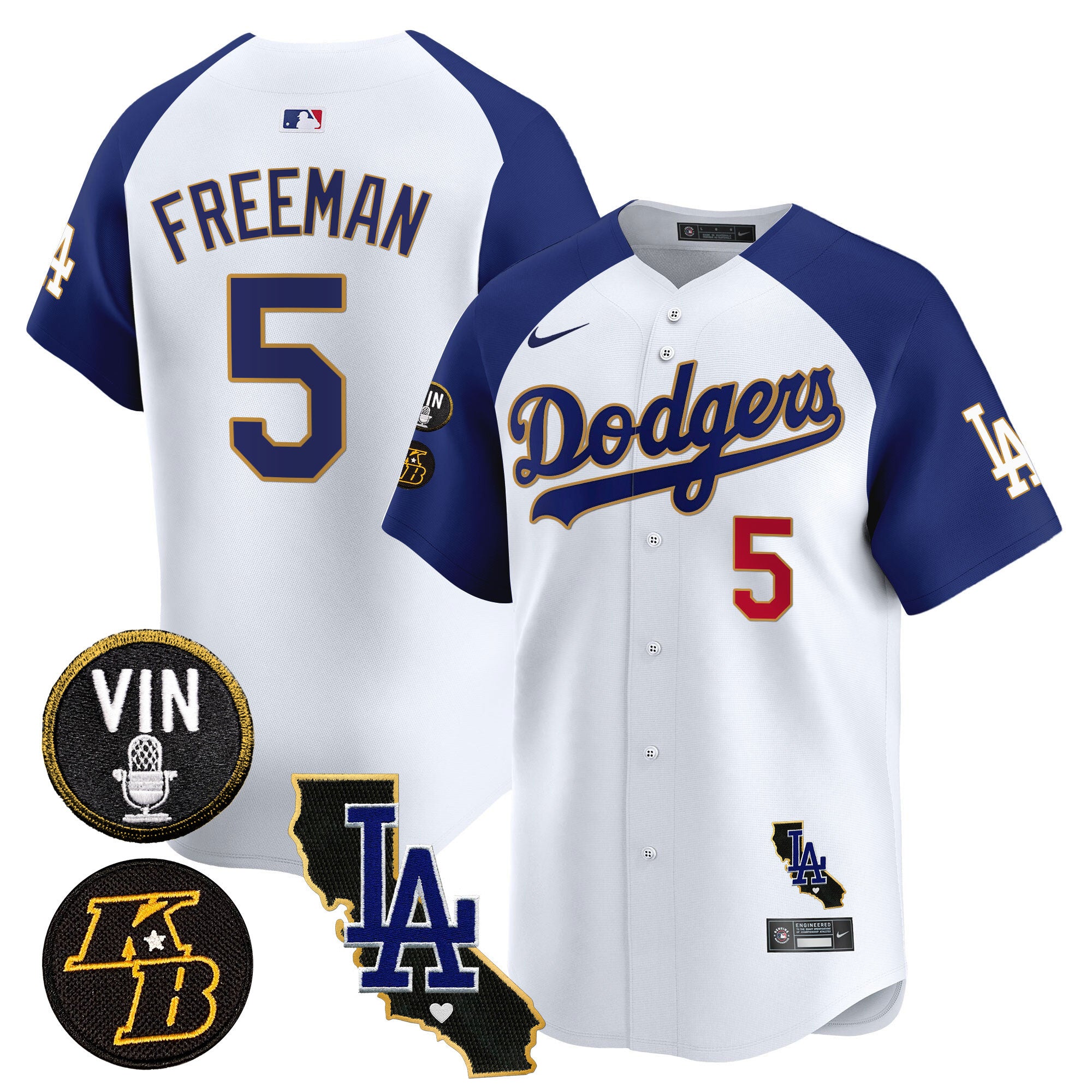 Men's Dodgers Vin & Kobe Patch Gold Trim Vapor Premier Limited Jersey V2 - All Stitched - White Alternate, Freddie Freeman