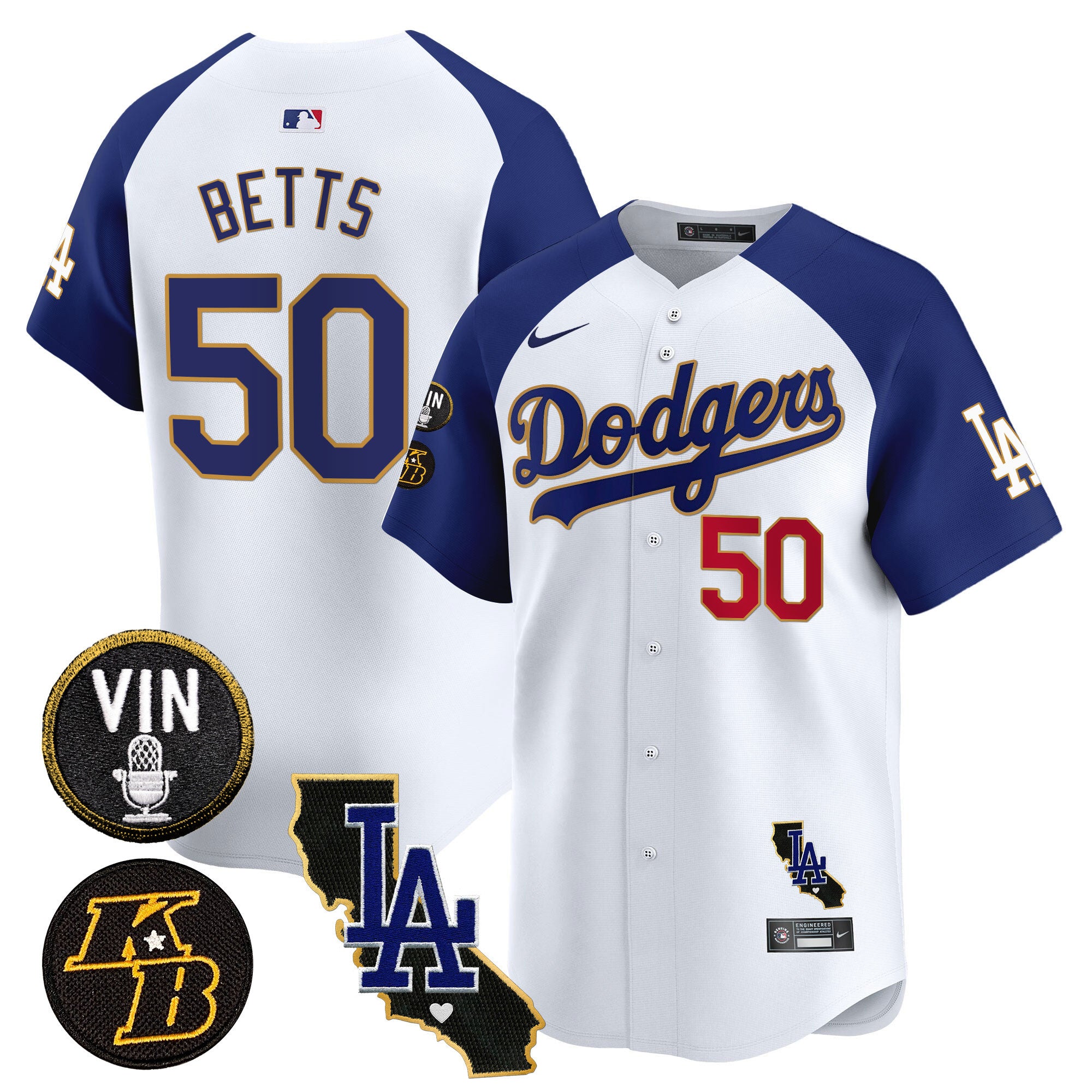 Men's Dodgers Vin & Kobe Patch Gold Trim Vapor Premier Limited Jersey V2 - All Stitched - White Alternate, Mookie Betts