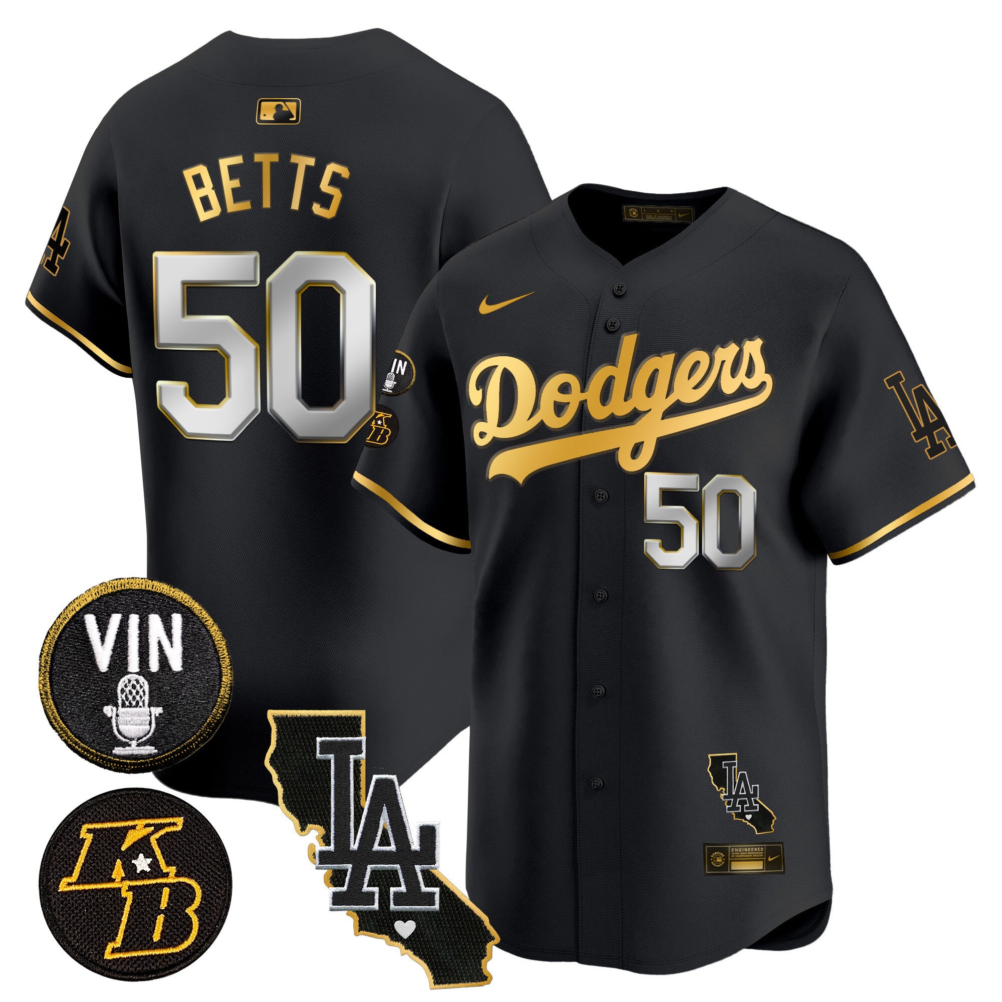 Men's Dodgers Vin & Kobe Patch Gold Trim Vapor Premier Limited Jersey V2 - All Stitched - Black Gold, Mookie Betts