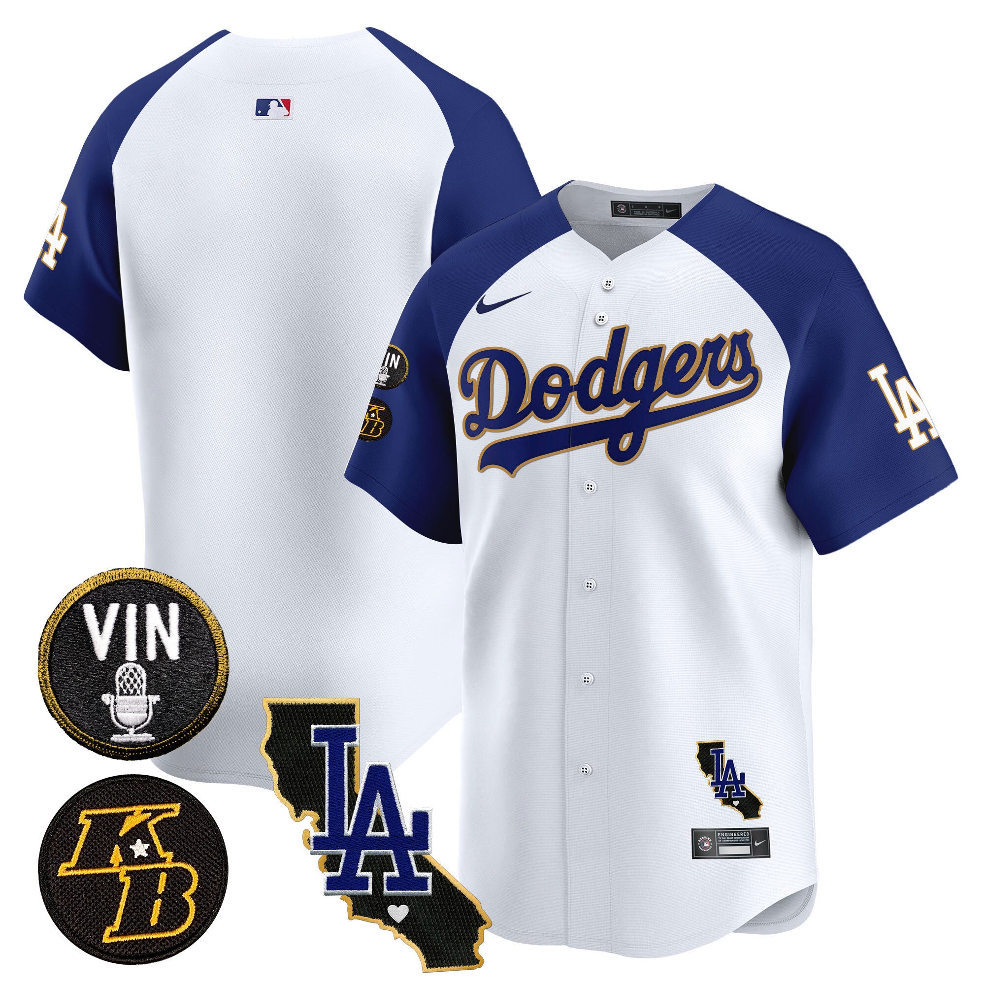 Men's Dodgers Vin & Kobe Patch Gold Trim Vapor Premier Limited Jersey V2 - All Stitched - White Alternate, Team
