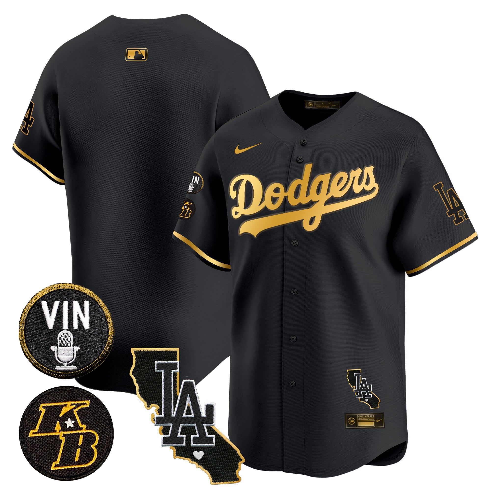 Men's Dodgers Vin & Kobe Patch Gold Trim Vapor Premier Limited Jersey V2 - All Stitched - Black Gold, Team