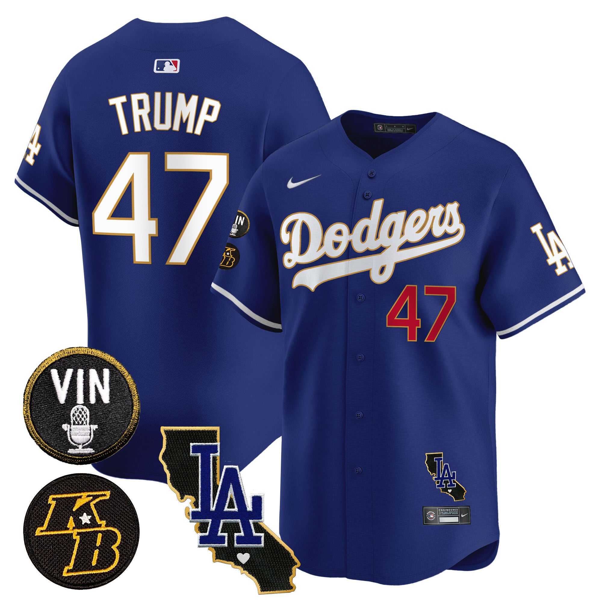 Men's Dodgers Vin & Kobe Patch Gold Trim Vapor Premier Limited Jersey V2 - All Stitched - Royal, Donald Trump