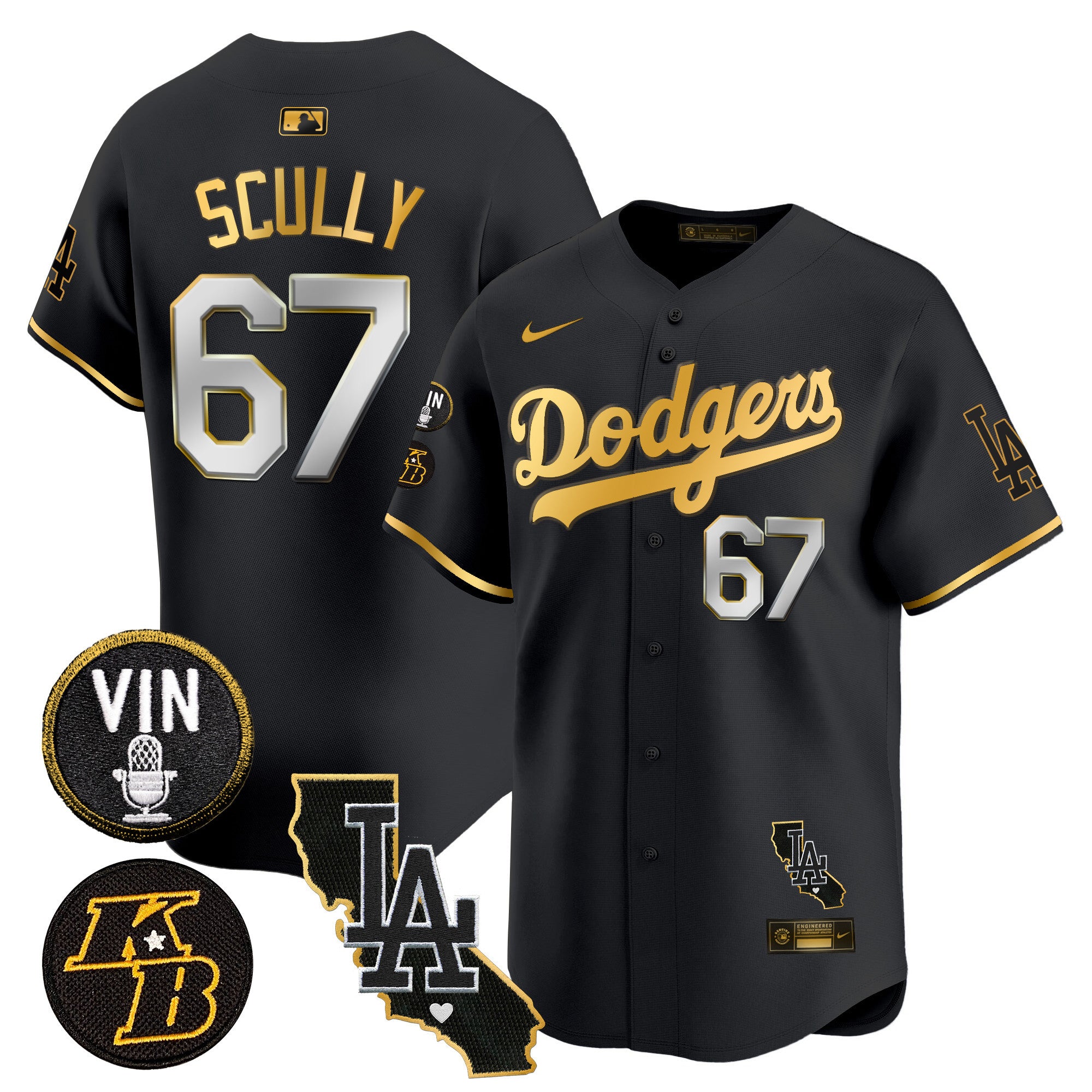Men's Dodgers Vin & Kobe Patch Gold Trim Vapor Premier Limited Jersey V2 - All Stitched - Black Gold, Vin Scully