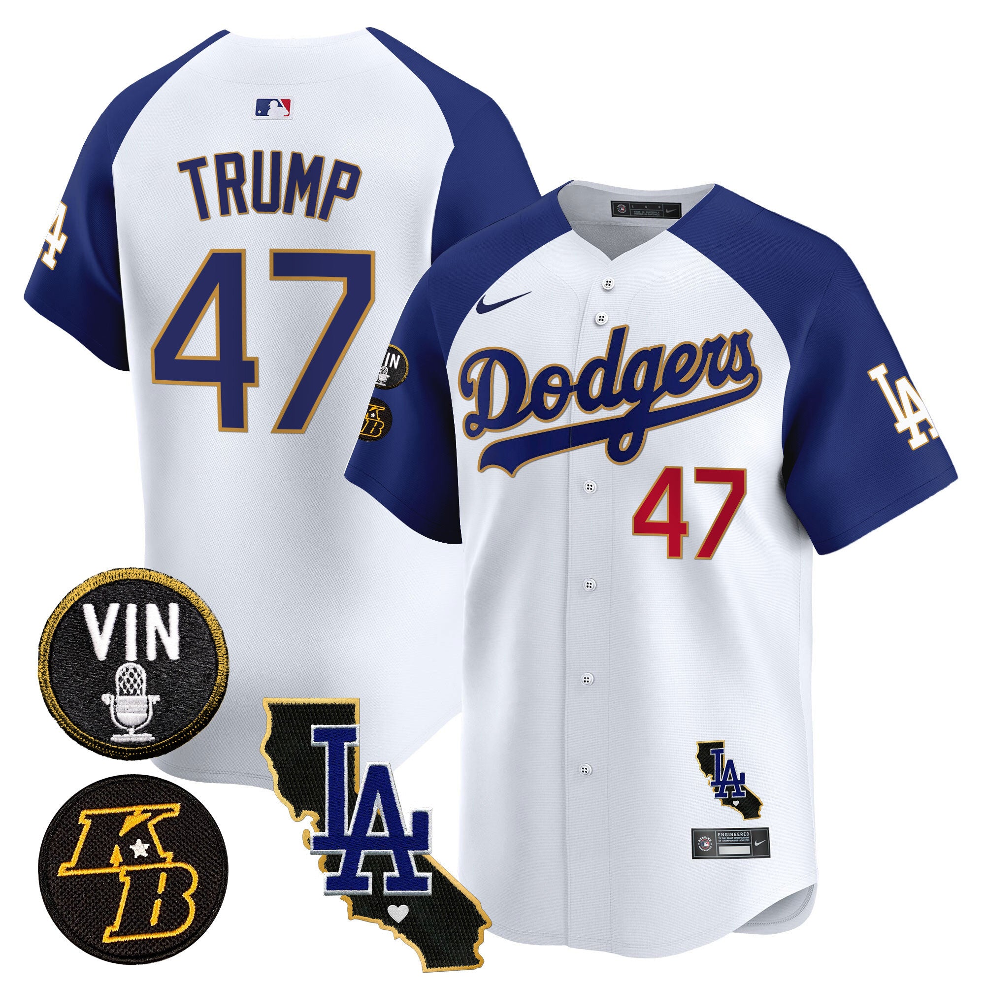 Men's Dodgers Vin & Kobe Patch Gold Trim Vapor Premier Limited Jersey V2 - All Stitched - White Alternate, Donald Trump