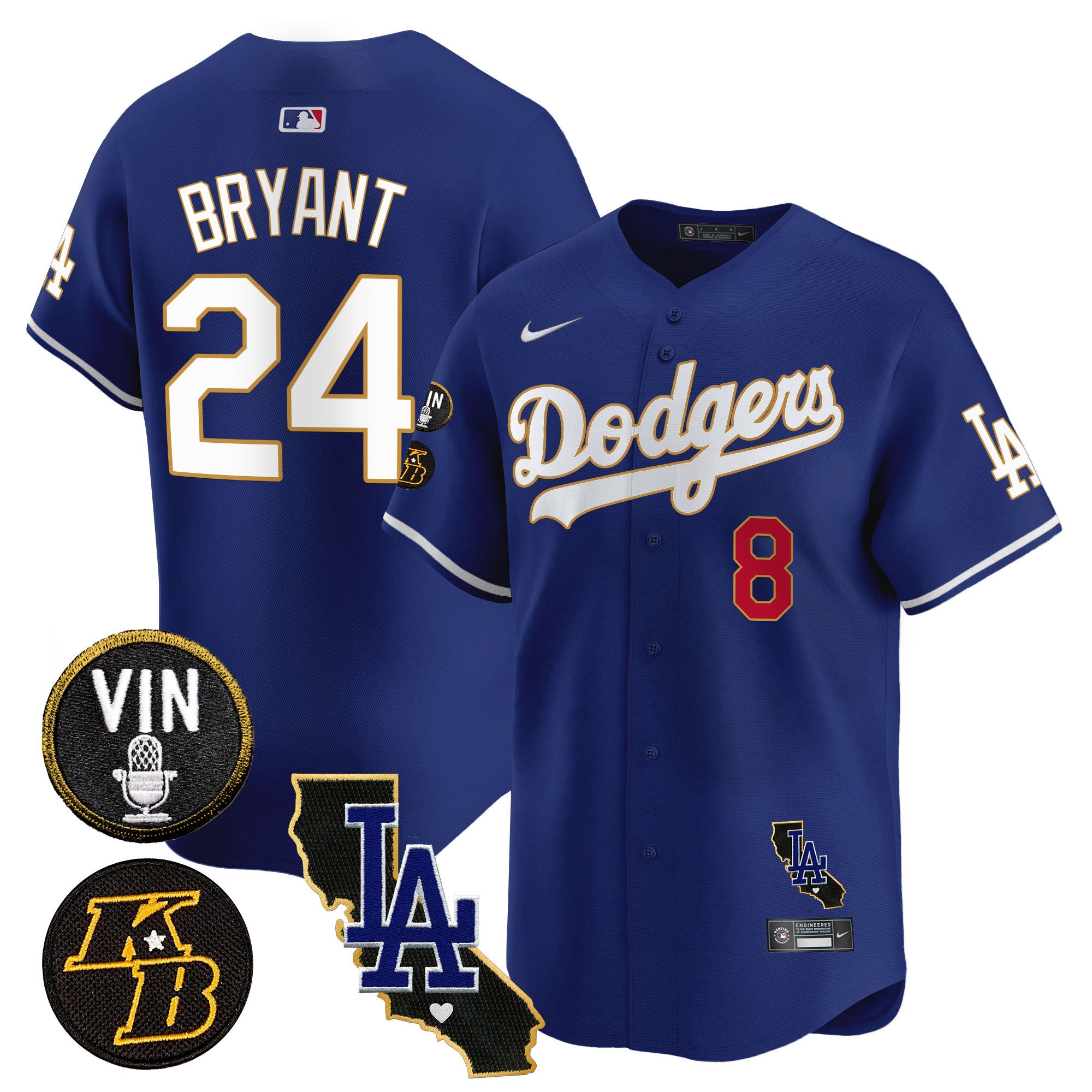 Men's Dodgers Vin & Kobe Patch Gold Trim Vapor Premier Limited Jersey V2 - All Stitched - Royal, Kobe Bryant