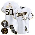 Men's Dodgers Vin & Kobe Patch Gold Trim Vapor Premier Limited Jersey V2 - All Stitched - White Gold, Mookie Betts