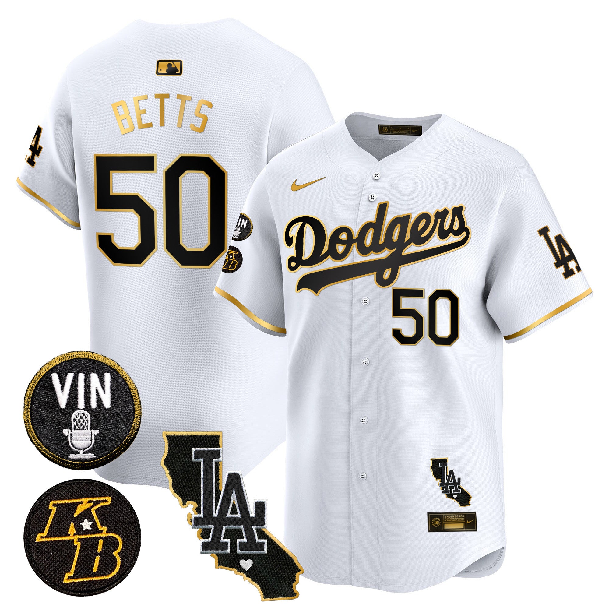 Men's Dodgers Vin & Kobe Patch Gold Trim Vapor Premier Limited Jersey V2 - All Stitched - White Gold, Mookie Betts