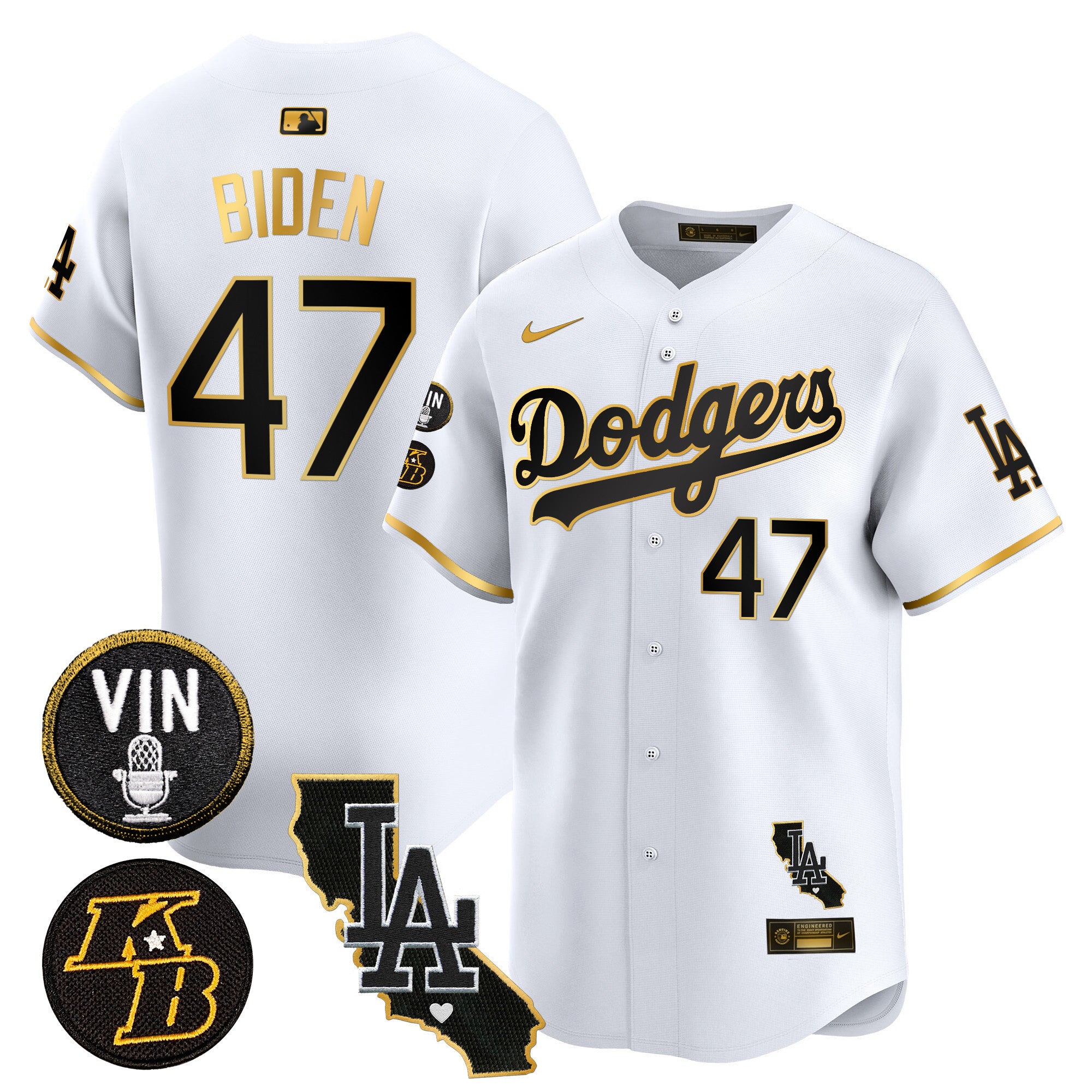 Men's Dodgers Vin & Kobe Patch Gold Trim Vapor Premier Limited Jersey V2 - All Stitched - White Gold, Joe Biden