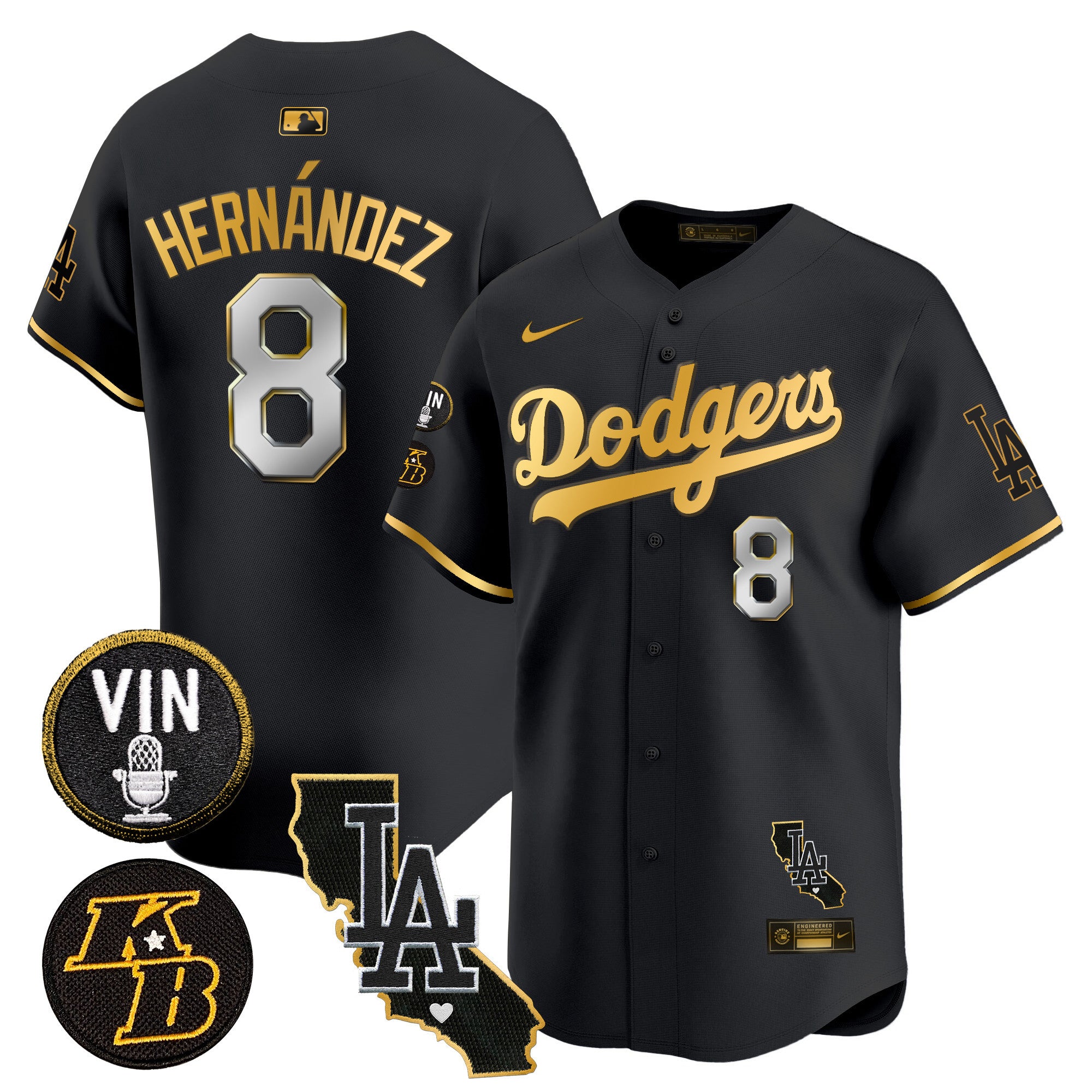 Men's Dodgers Vin & Kobe Patch Gold Trim Vapor Premier Limited Jersey V2 - All Stitched - Black Gold, Kike Hernandez