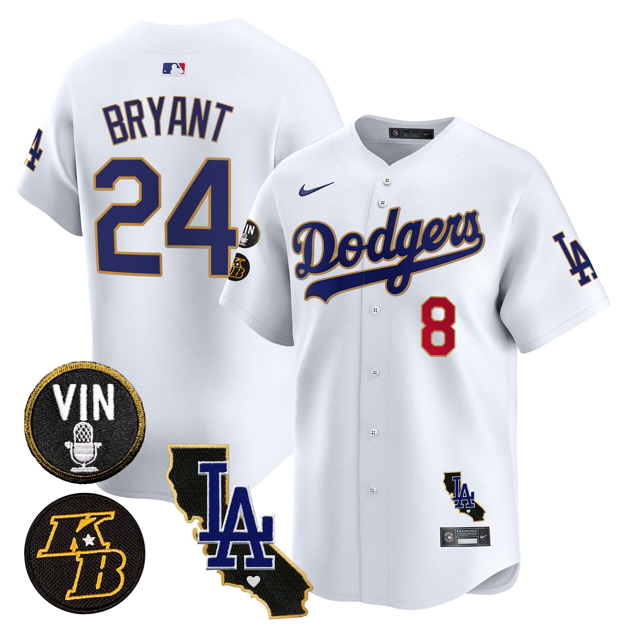 Men's Dodgers Vin & Kobe Patch Gold Trim Vapor Premier Limited Jersey V2 - All Stitched - White, Kobe Bryant