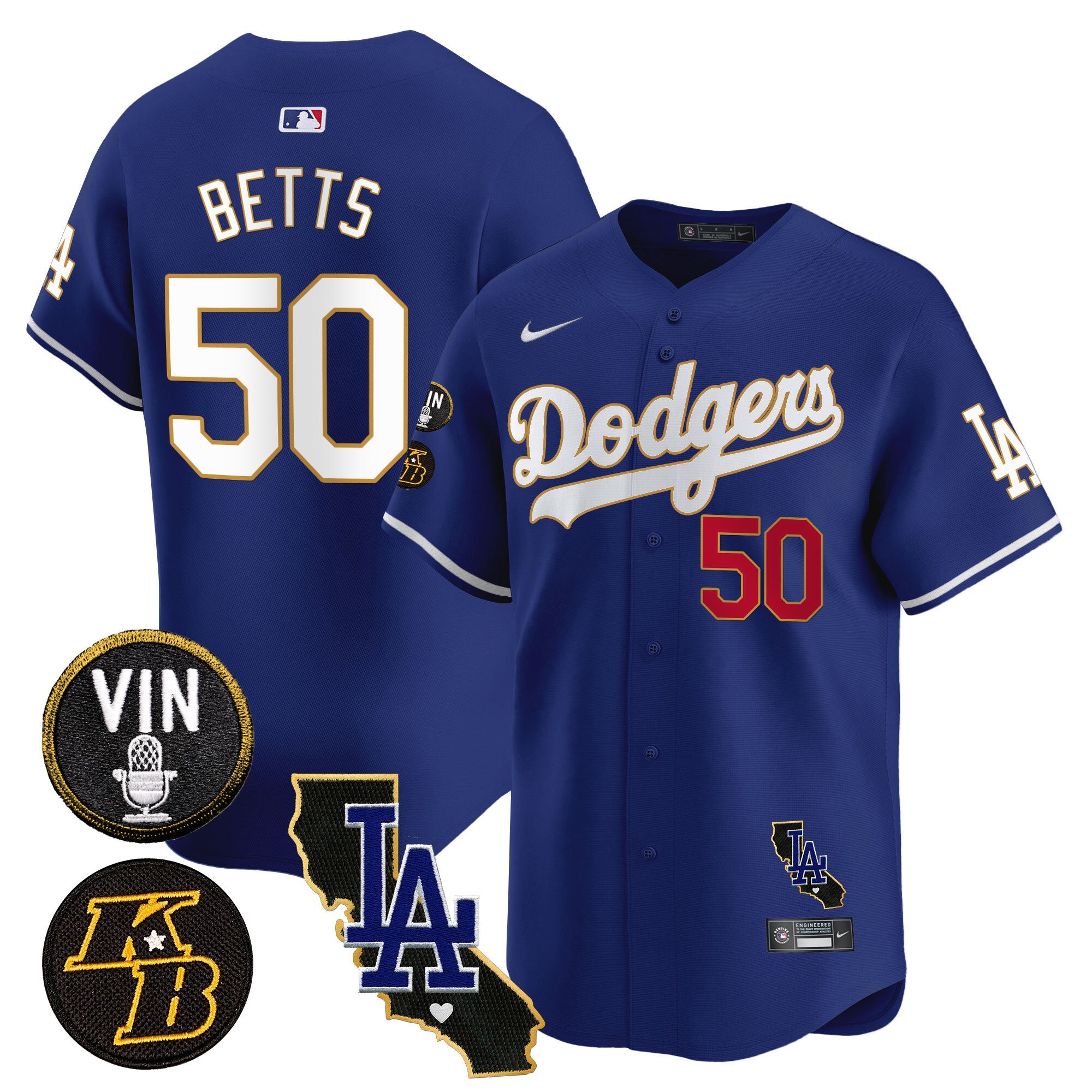 Men's Dodgers Vin & Kobe Patch Gold Trim Vapor Premier Limited Jersey V2 - All Stitched - Royal, Mookie Betts